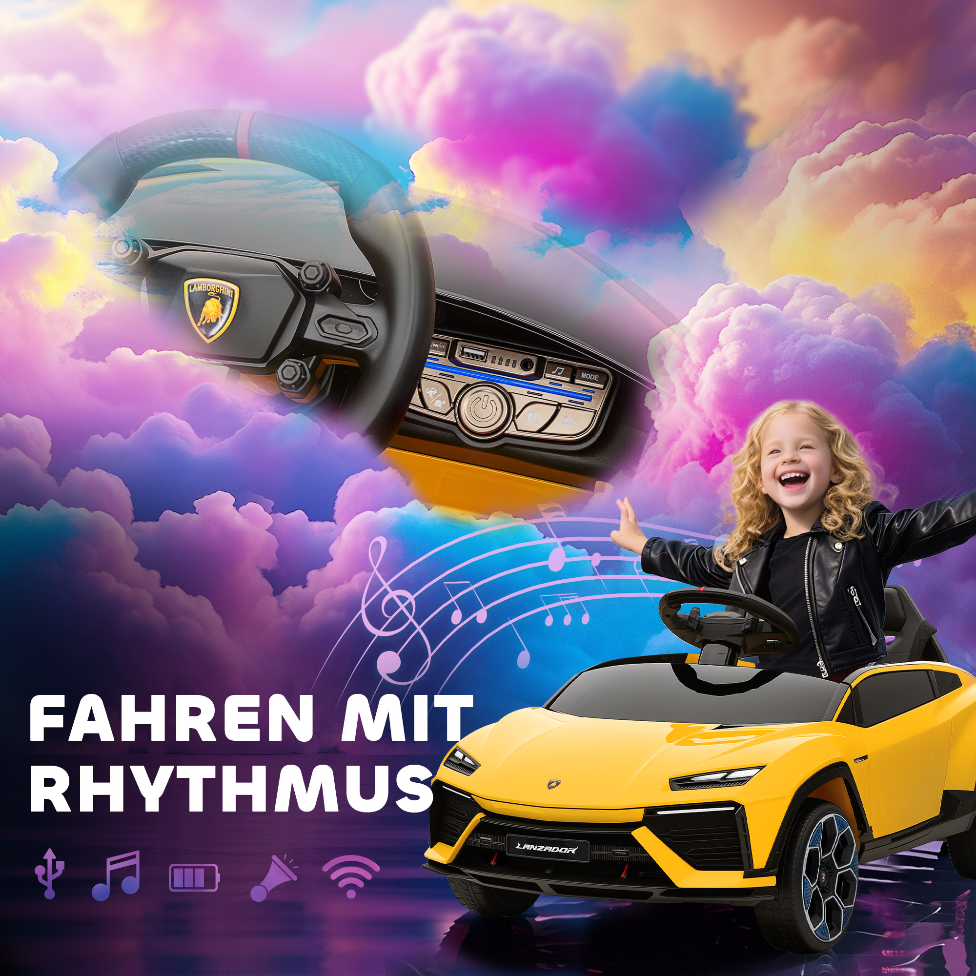 Kinder Elektroauto 12V Kinderauto mit 2,4 GHz Fernbedienung, 2 Motor, Hupe, LED, Musik, 101,5 x 49 x 43 cm, Gelb