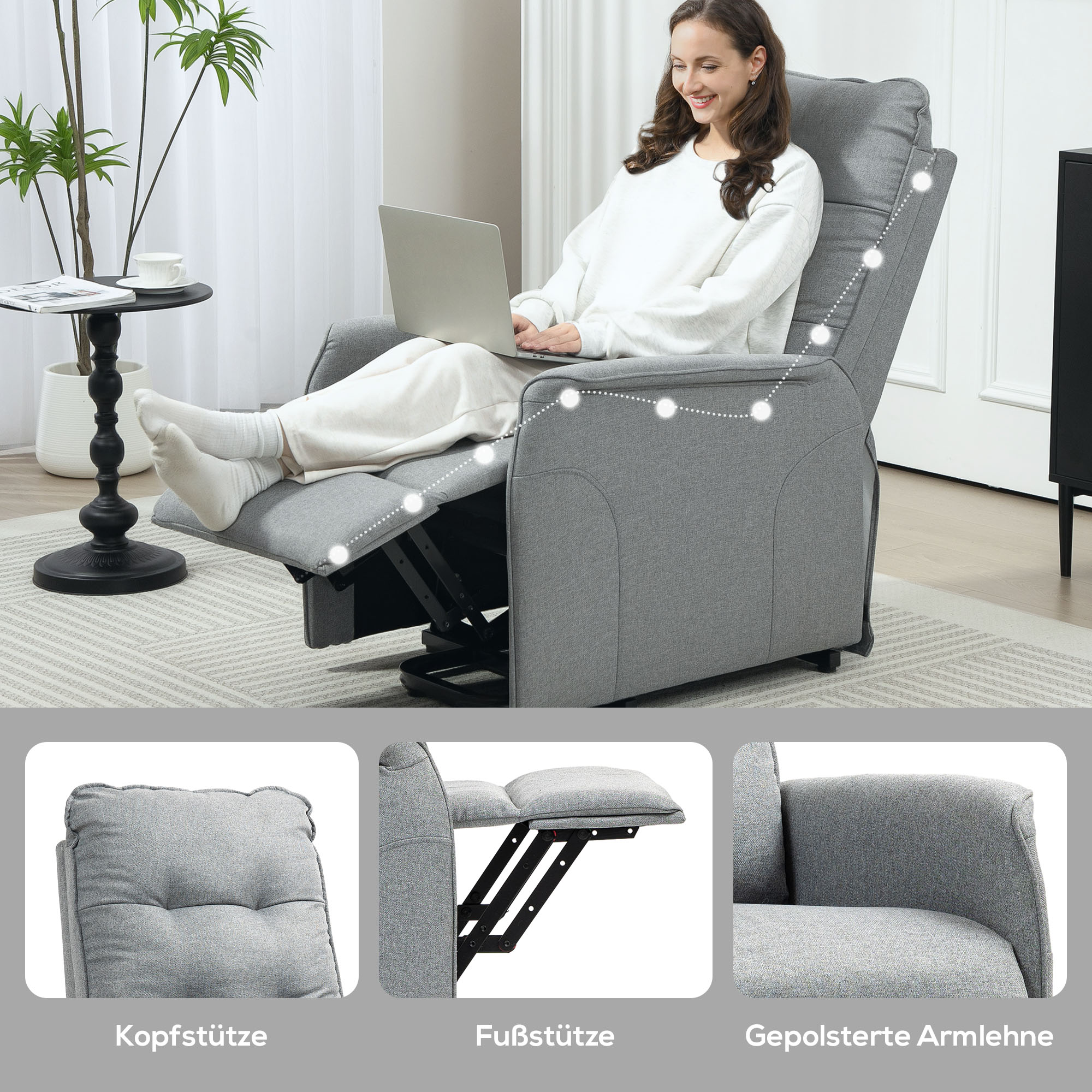 Aufstehsessel, Recliner-Sessel mit Aufstehhilfe, elektrischer Relaxsessel mit Fernbedienung, Seitentasche, Grau