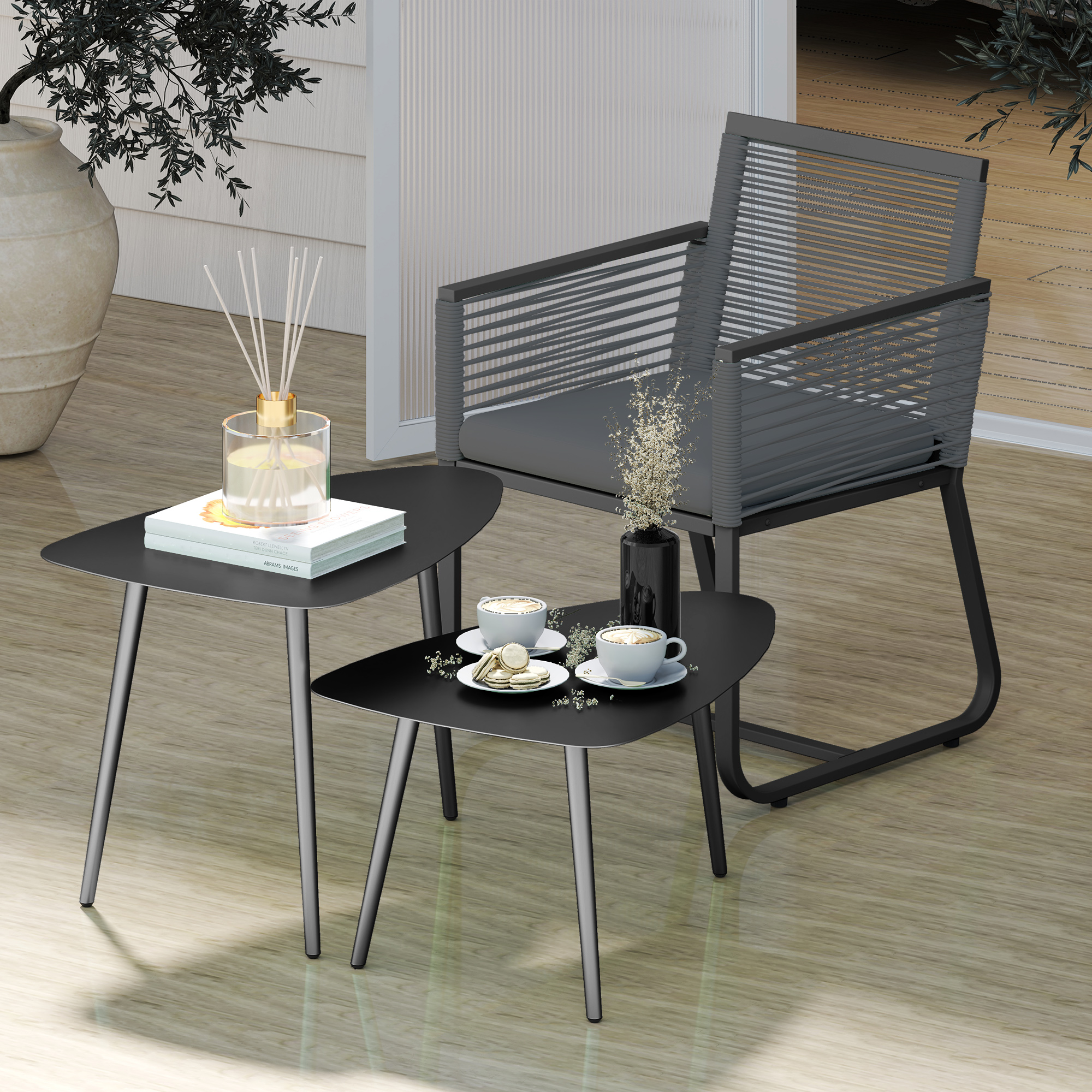 Couchtisch 2er Set, Wetterfest Balkontisch aus Stahl, Beistelltisch im Geometrischem Design Schwarz