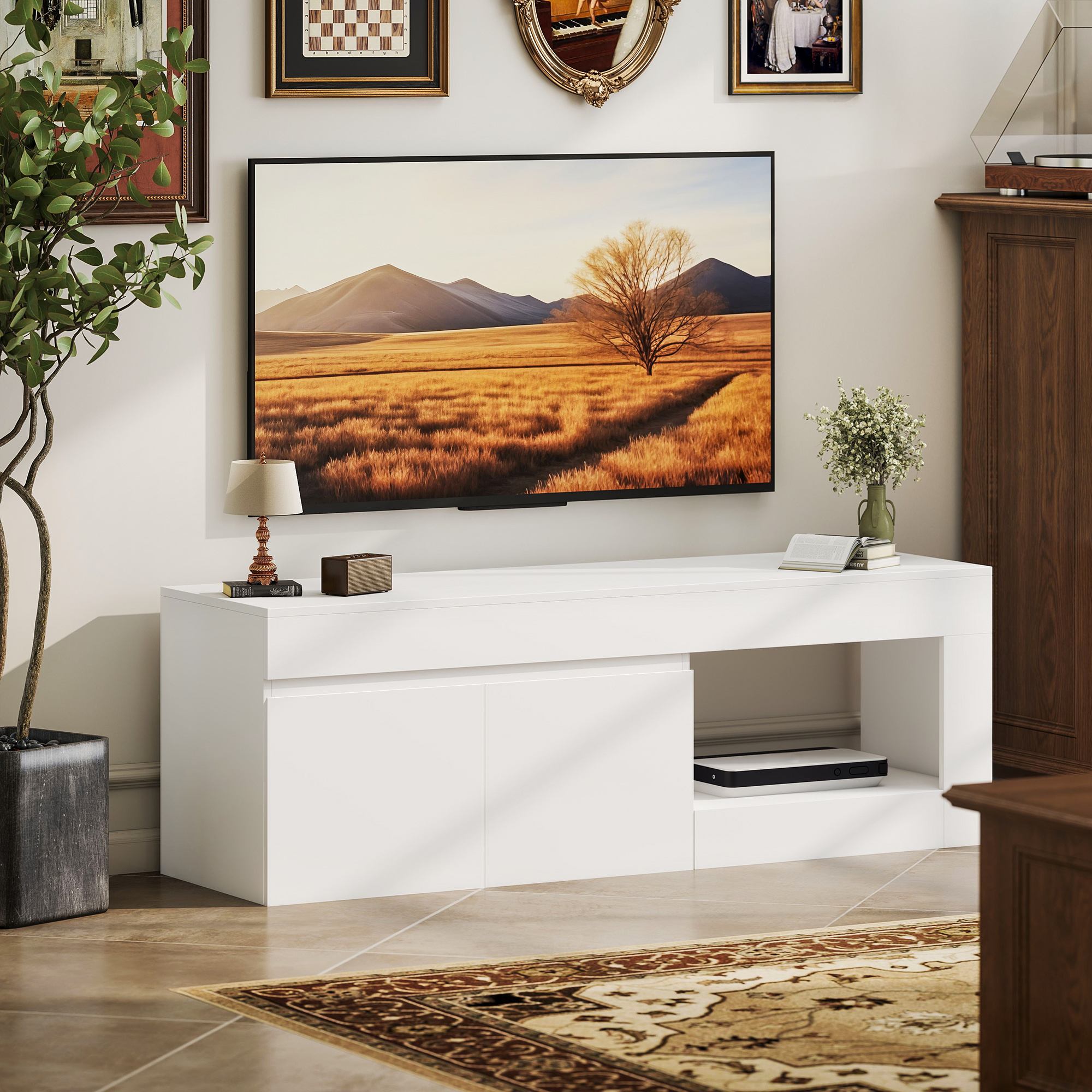 modernes TV-Lowboard fürs Wohnzimmer mit 2 Türen, offenem Fach und Griffen, für TVs bis 60 Zoll, 140 x 40 x 48 cm, Weiß