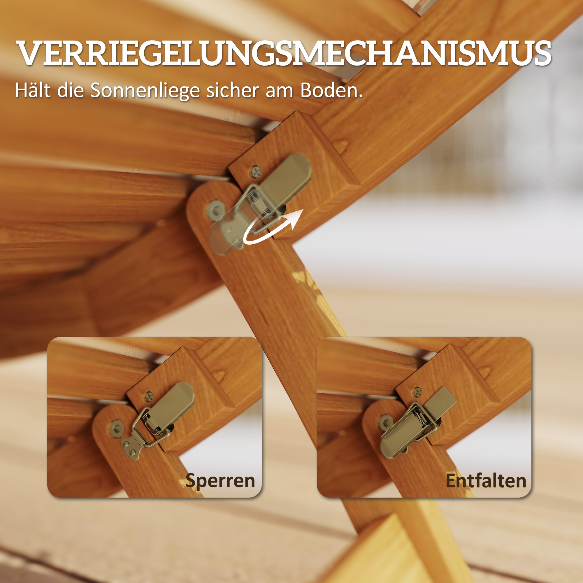 Sonnenliege klappbare wetterfeste Gartenliege aus Holz mit Polsterung Kopfstütze Tragegriff 183 x 54 x 63 cm, Beige