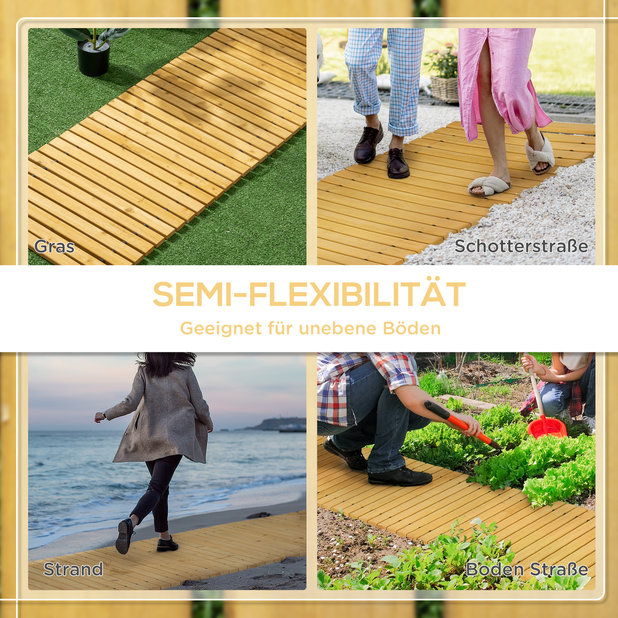 Rollweg Gartenweg 185 x 60  cm, Ausrollbarer Holzweg, Gehweg aus Tannenholz für Garten, Terrasse, Strand