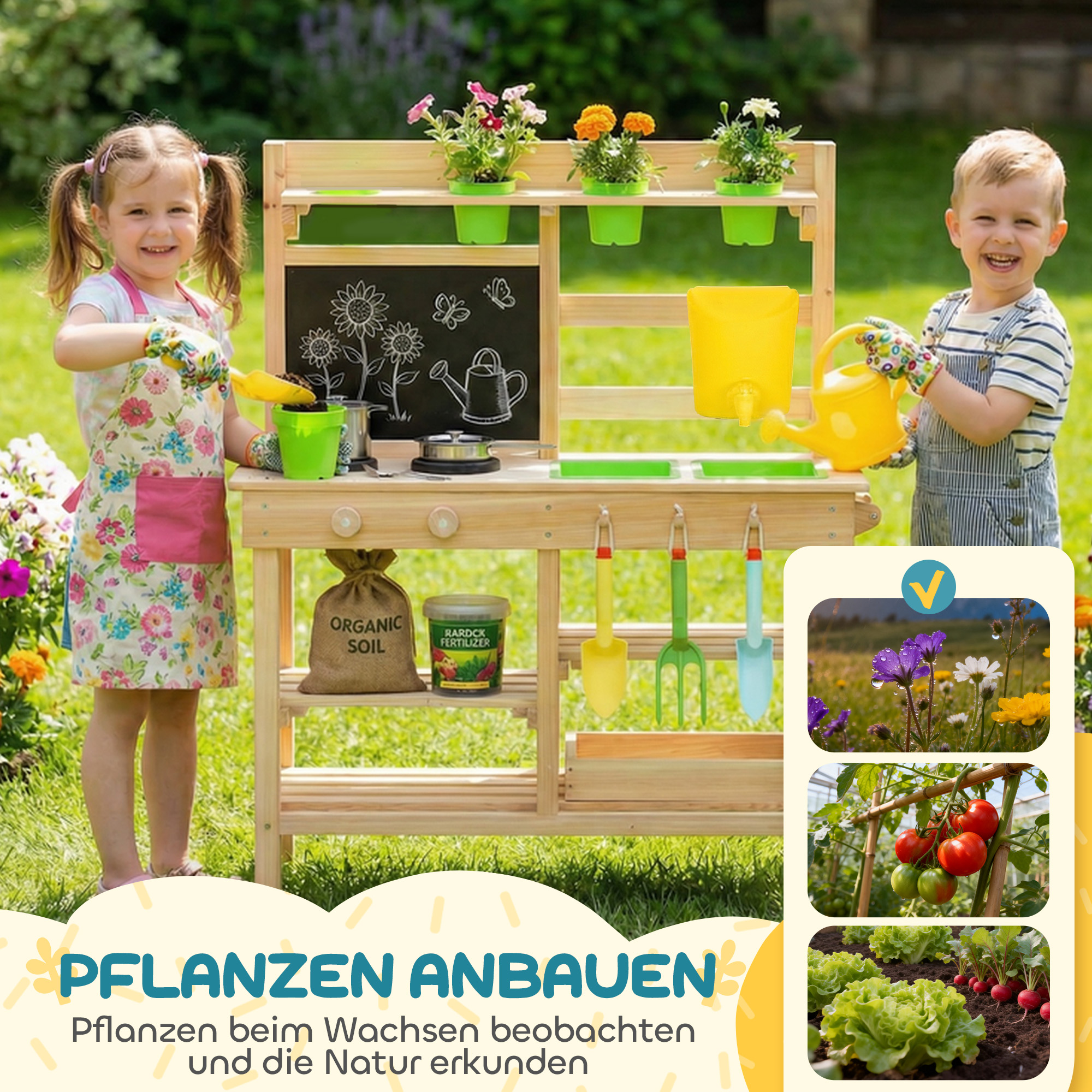 Matschküche Kinder Outdoor, Spielküche aus Holz mit Spüle Herd Pflanztöpfen Tafel für 3-6 Jahre 77x32x95 cm Naturholz