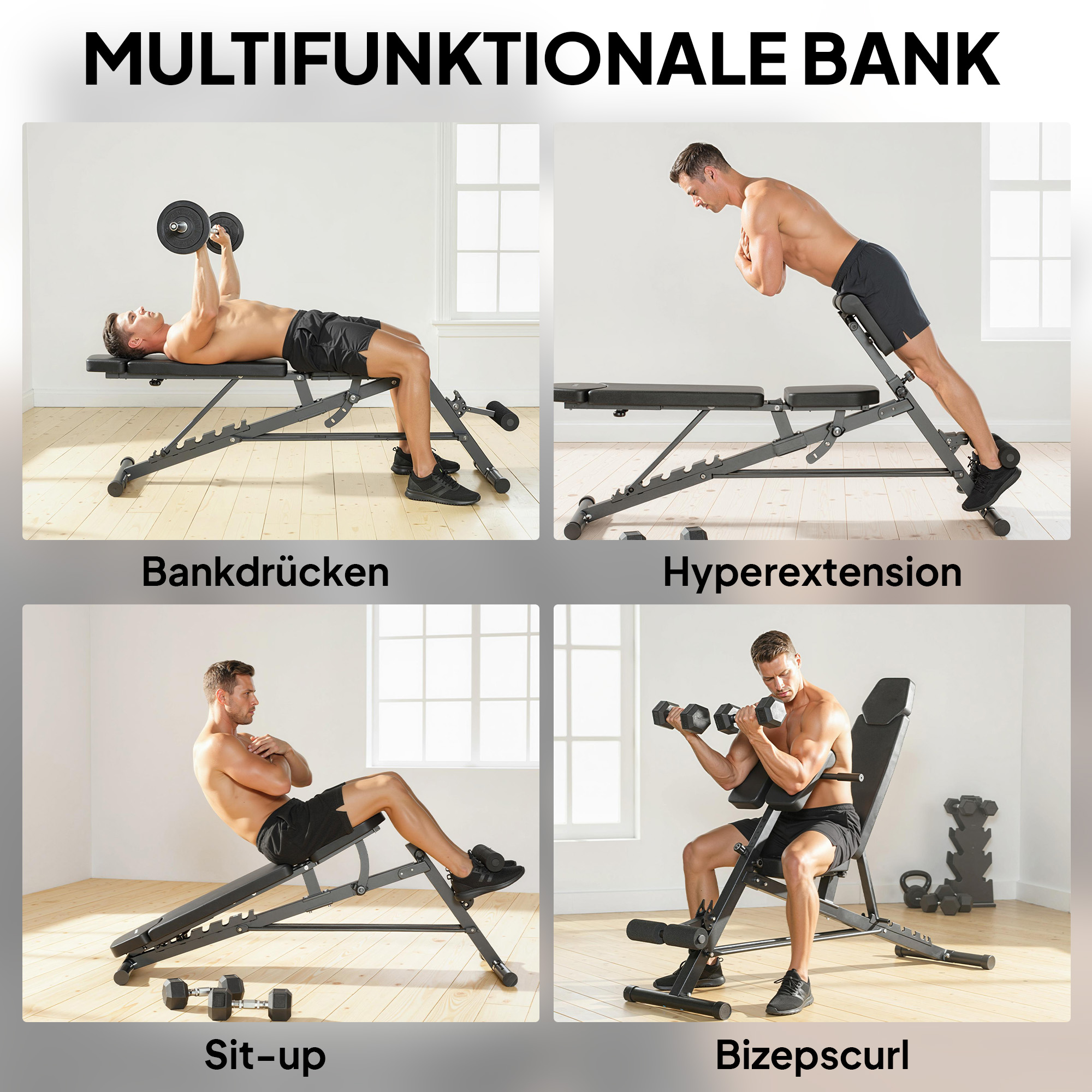 Multifunktionale Hantelbank, Verstellbare Schräg- und Flachbank mit 6-stufiger Rückenlehne, 3-stufigem Sitz, Schwarz