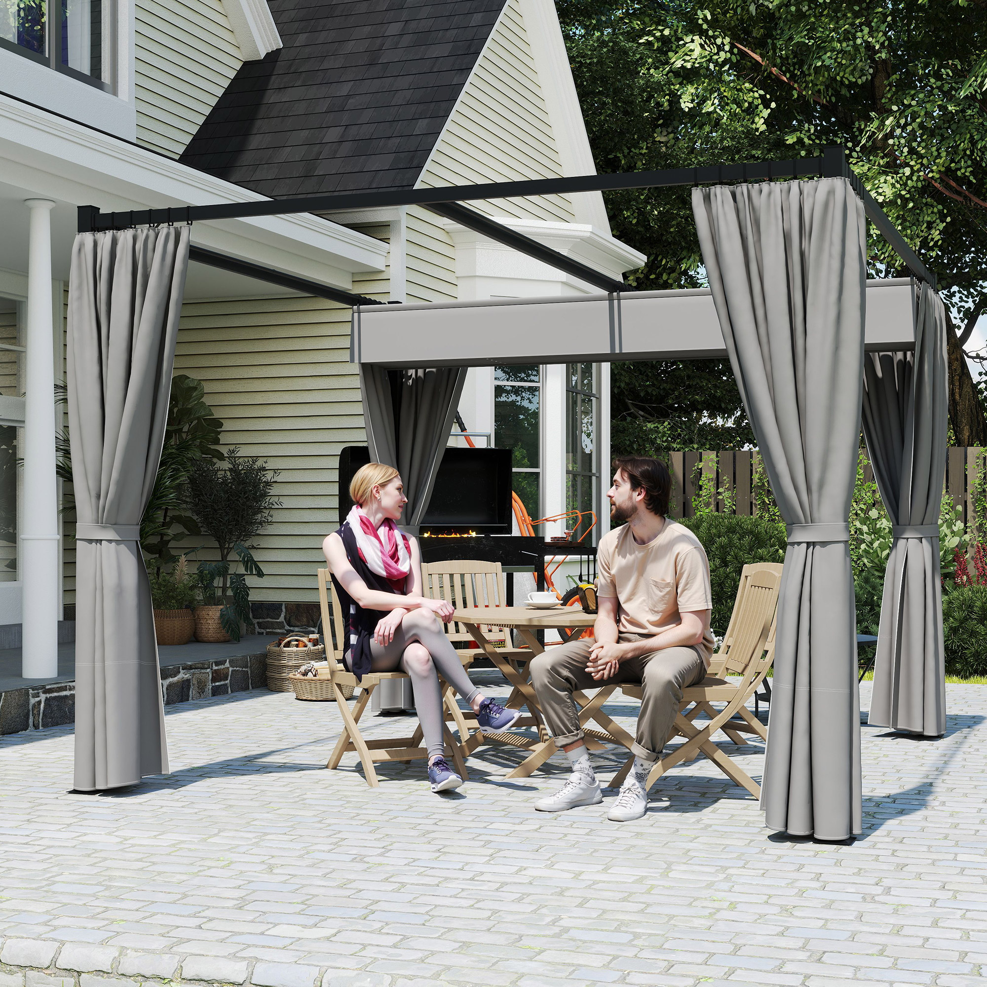 Pergola 3 x 3 m Freistehend Terrassenüberdachung mit Schiebedach, 4 Seitenwände UV-beständig Hellgrau