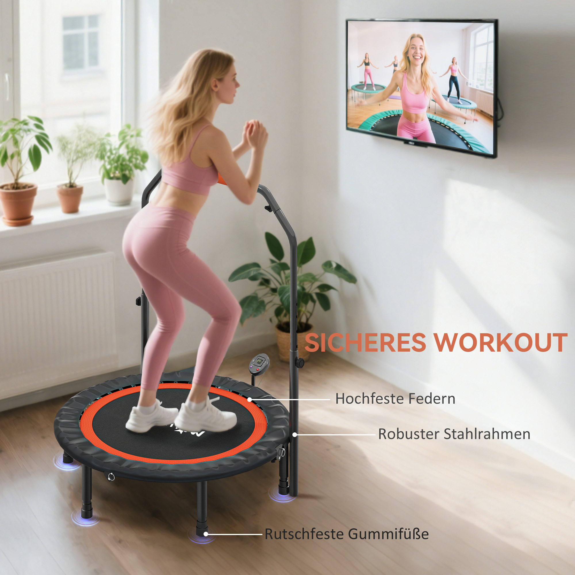 Mini-Trampolin, mit höhenverstellbarem Haltegriff, LCD-Monitor, Stahl, schwarz+rot, Ø102 x 99-123cm