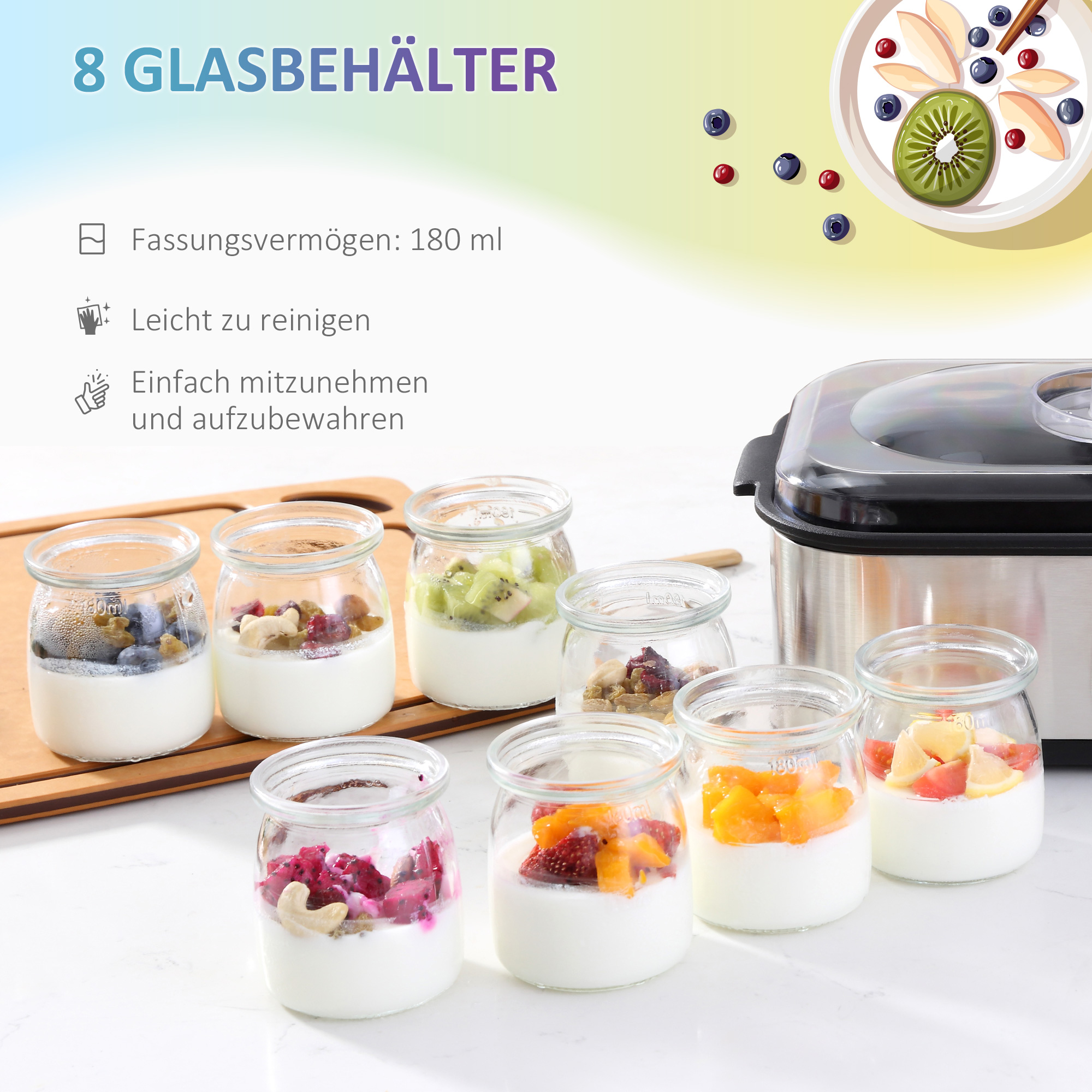 Joghurtbereiter Griechische Joghurtmaschine mit Deckel, 8 BPA-freier Glas-Innenbehälter à 180 ml, Joghurt Maker mit LCD Display Timer, für bis zu 1,4 Liter Joghurt 25 W Silber