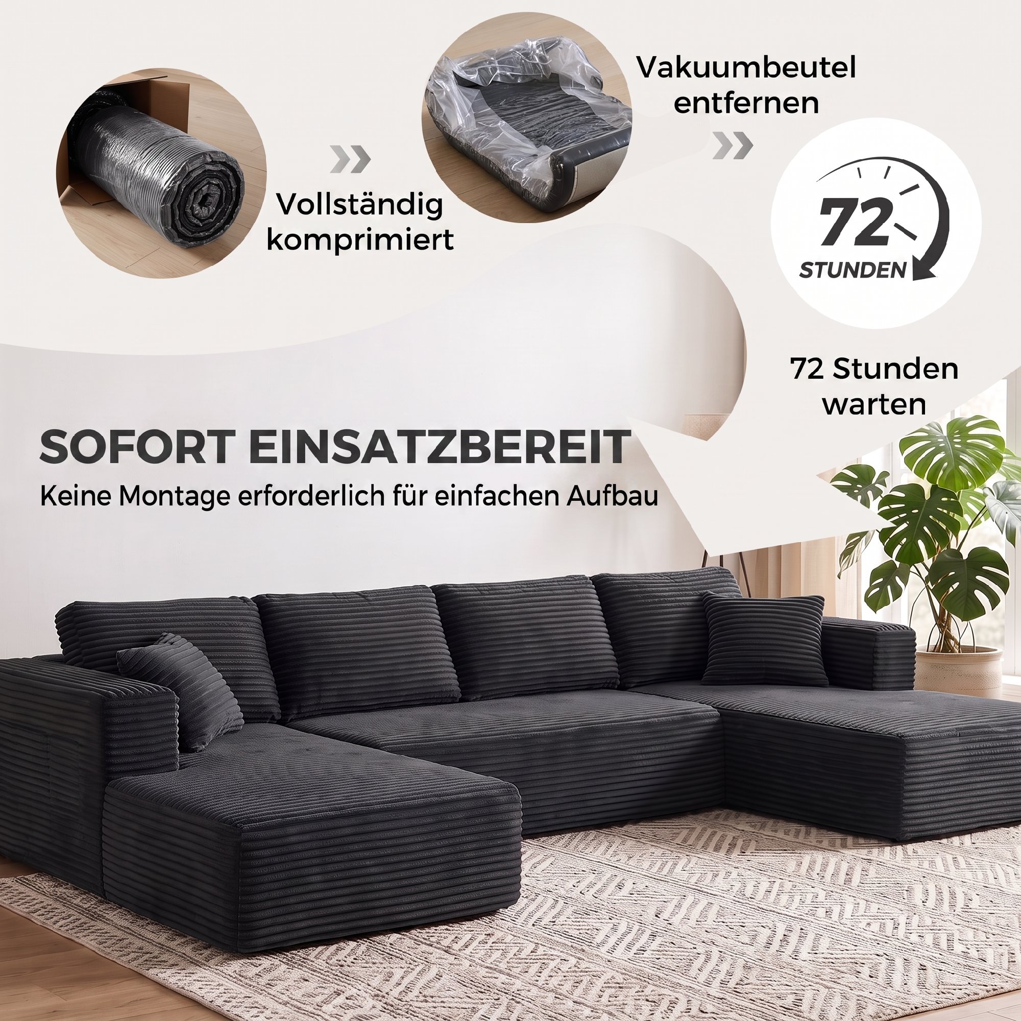 Modulares U-Sofa mit 2 Chaiselongues, Cord-Schlafsofa mit hochdichtem Schaumstoff und Federpolsterung, Dunkelgrau