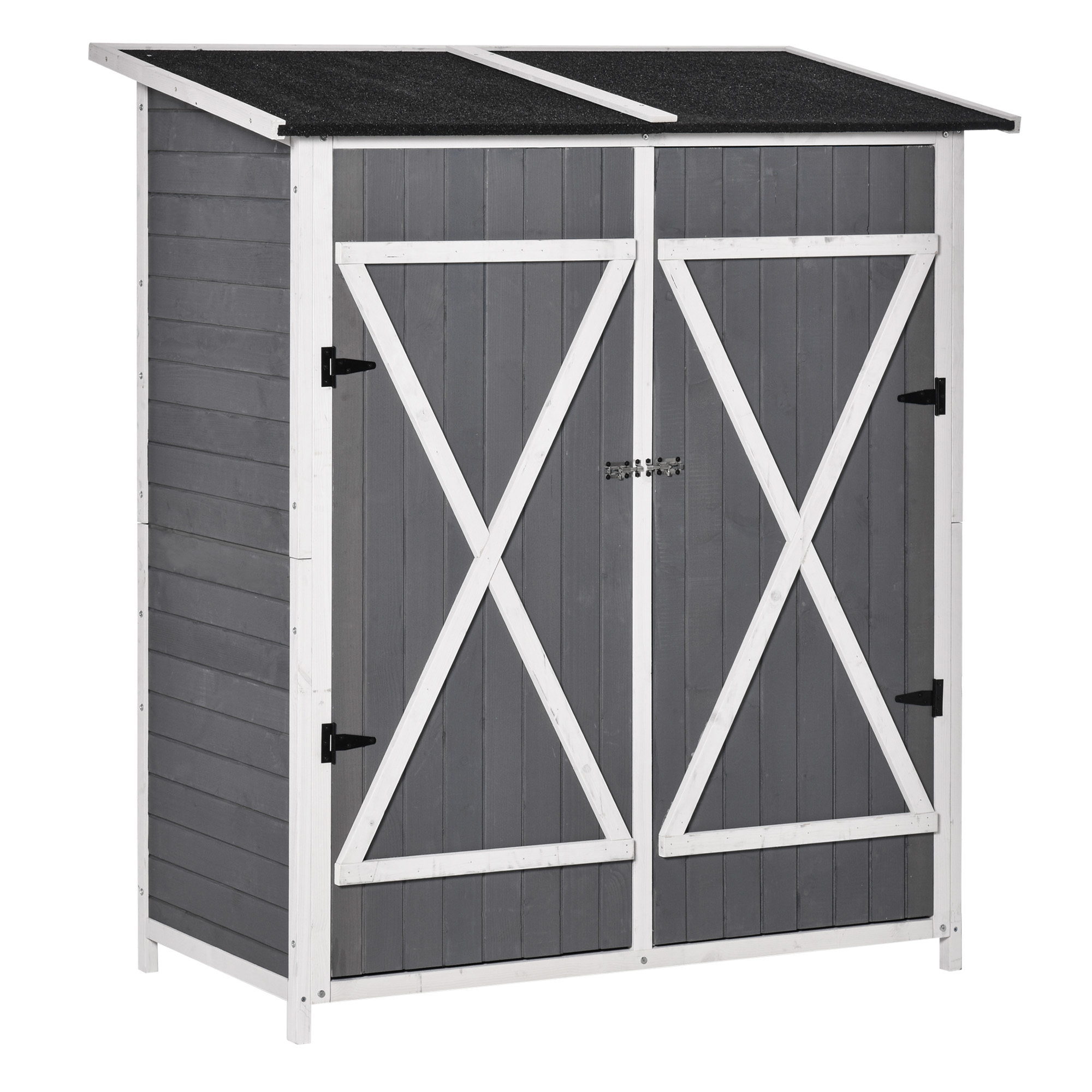 Gartenschrank Geräteschuppen mit 2 Tür Geräteschrank mit Asphaltdach Gartenlagerschrank Antidumping Design mit Bodennägel Tannenholz Grau+Weiß 139 x 75 x 160 cm Gartenschrank Geräteschuppen mit 2 Tür Geräteschrank mit Asphaltdach Gartenlagerschrank Antidumping Design mit Bodennägel Tannenholz Grau+Weiß 139 x 75 x 160 cm