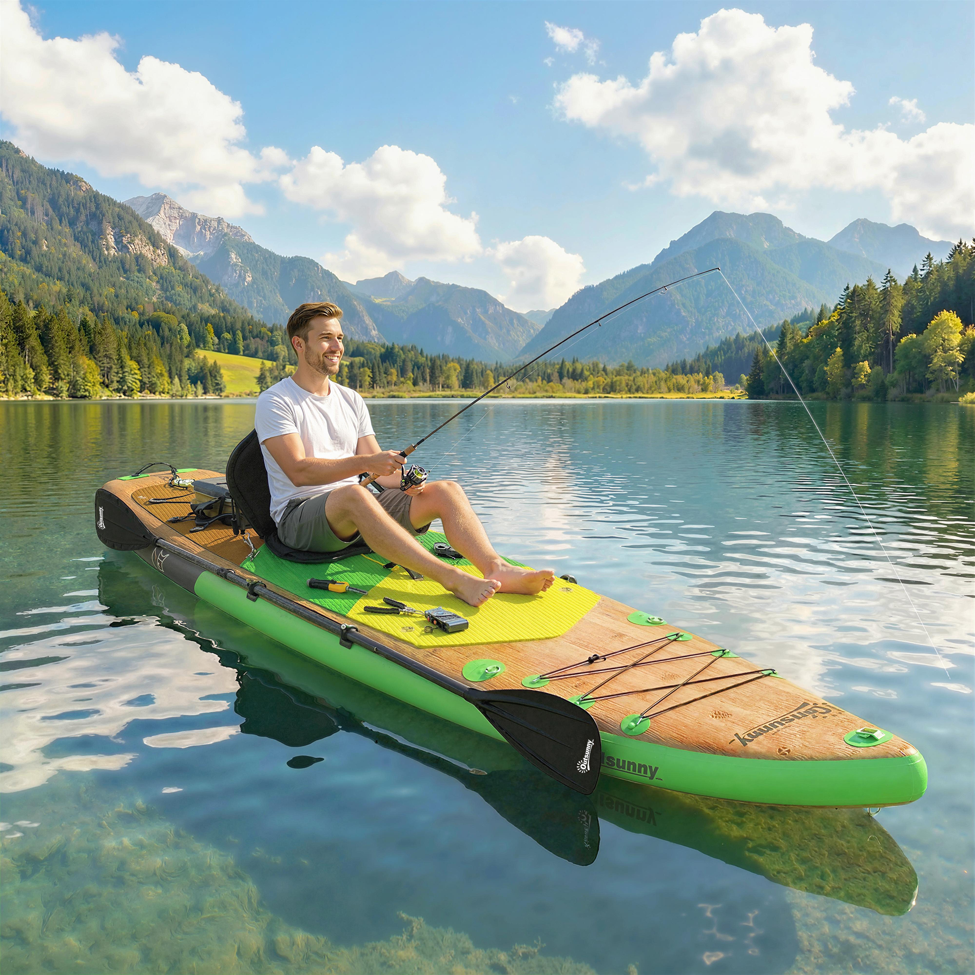 Stand Up Paddling Board Set Aufblasbar 335cm SUP Board mit Kajak Sitz, Verstellbares Doppel-Paddel Fußschlaufe