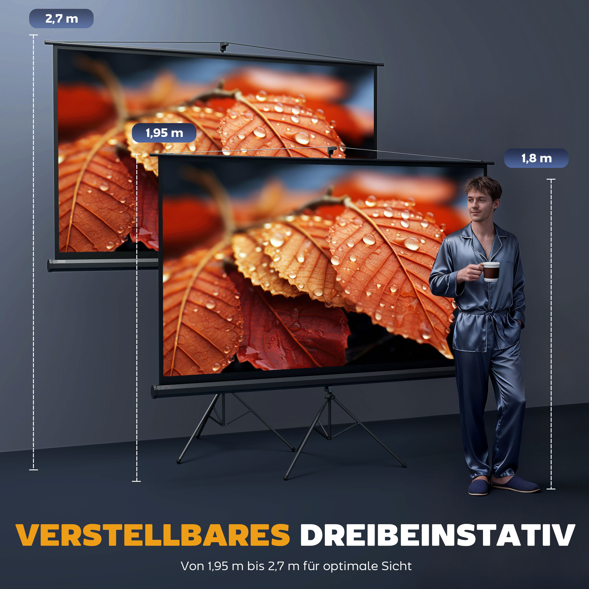 Beamer Leinwand mit Stativ 221 x 124 cm 100 Zoll 16:9 HD 4K Rollo-Leinwand
