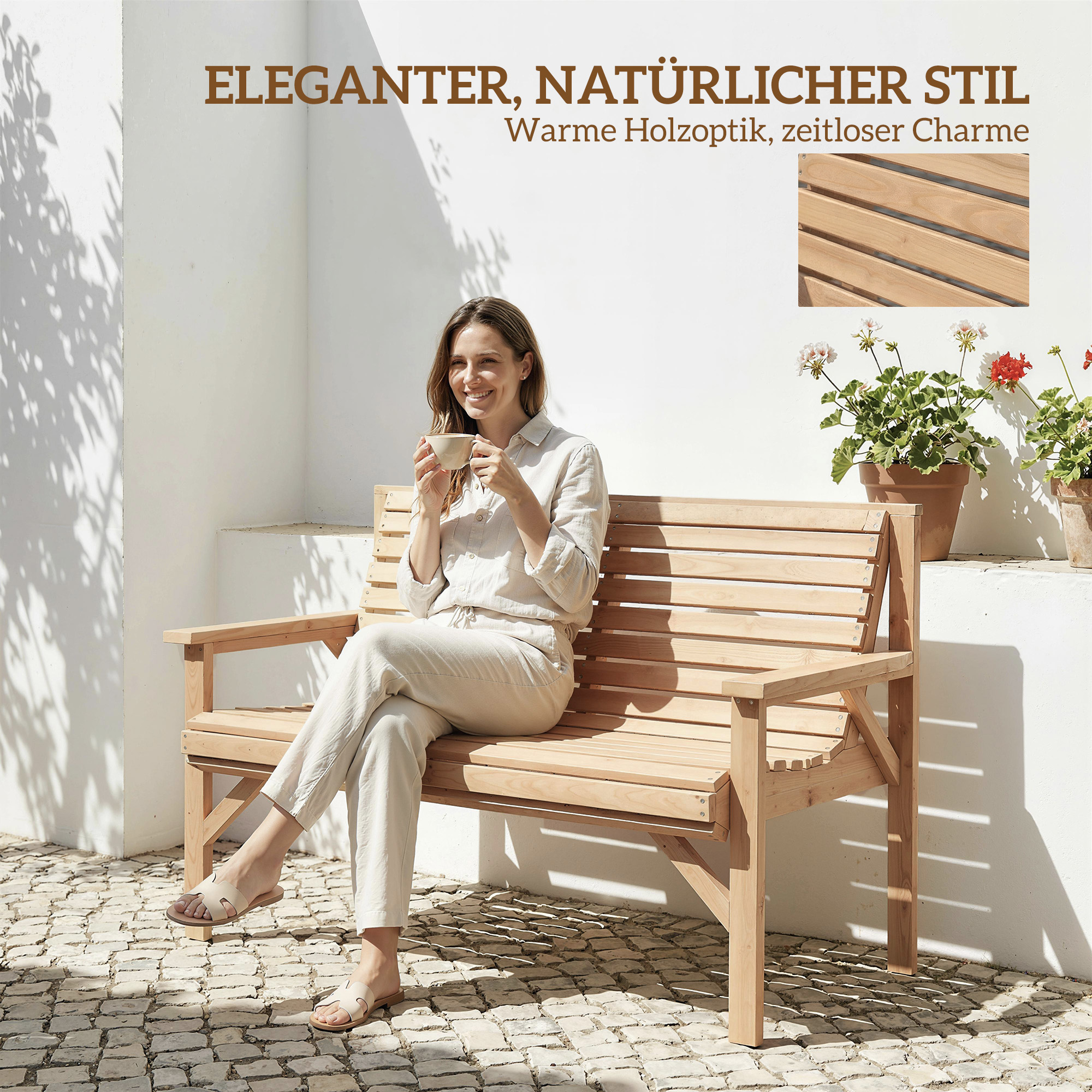 2-Sitzer Gartenbank aus Holz, Lattenbank mit Arm- und Rückenlehne, Outdoor-Möbel für Balkon, Terrasse, Garten