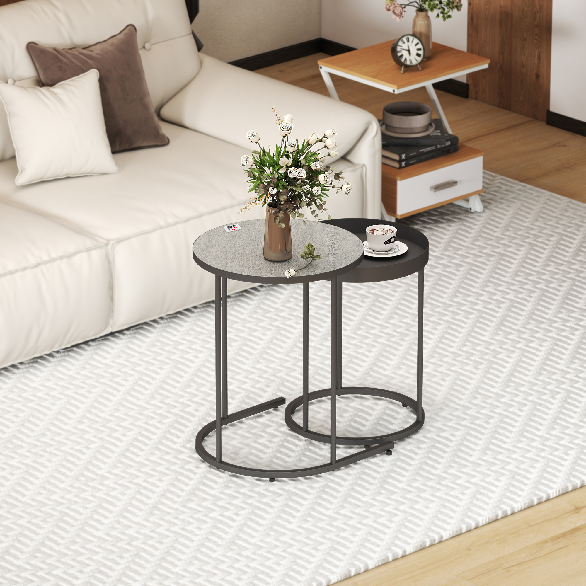 2er-Set Wohnzimmertische, ineinander verschiebbar, Tablett-Design, Metall, Grau