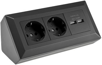 2-fach Steckdosenblock + 2x USB, schwarz, 250V~/ 16A, Aufbaumontage, USB 3,1A