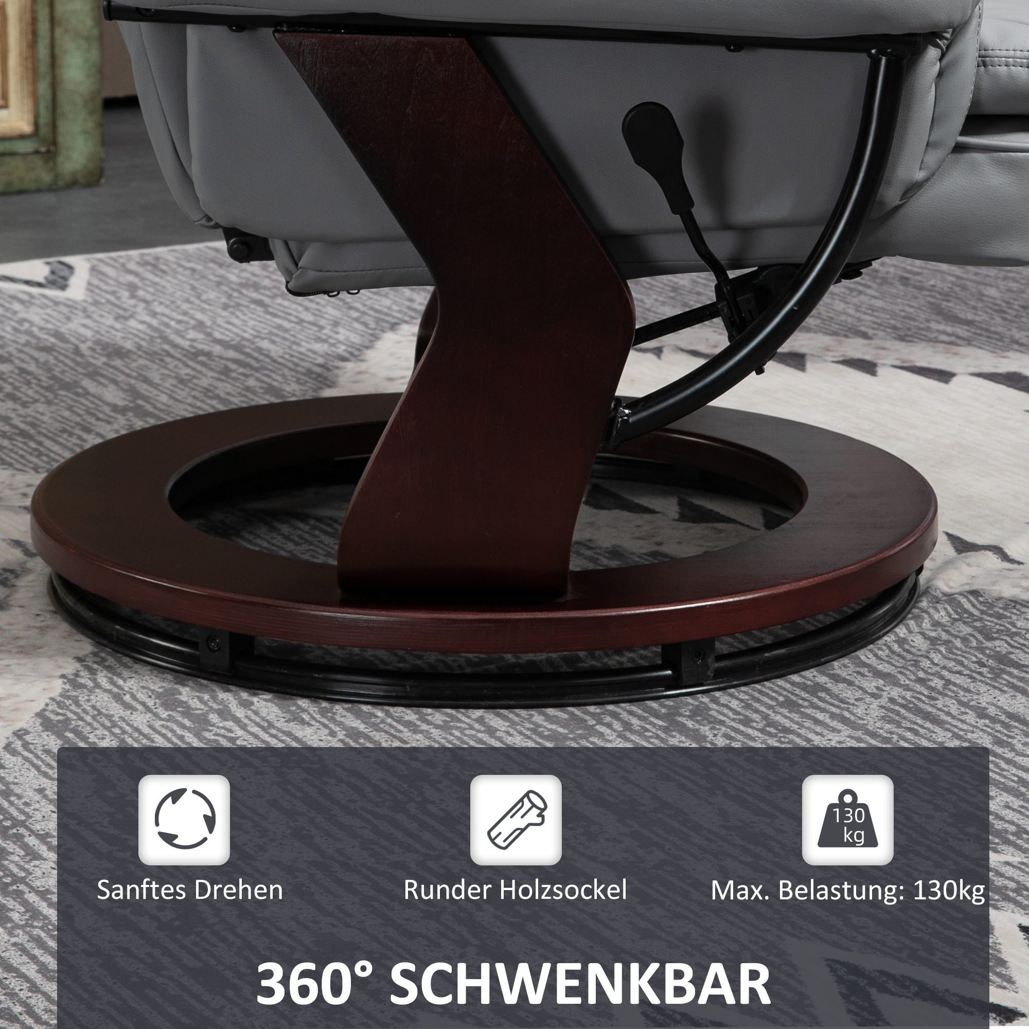 Relaxsessel mit Hocker, Liegesessel, drehbar, neigbare Lehne, Lederoptik, bis 130 kg, Grau
