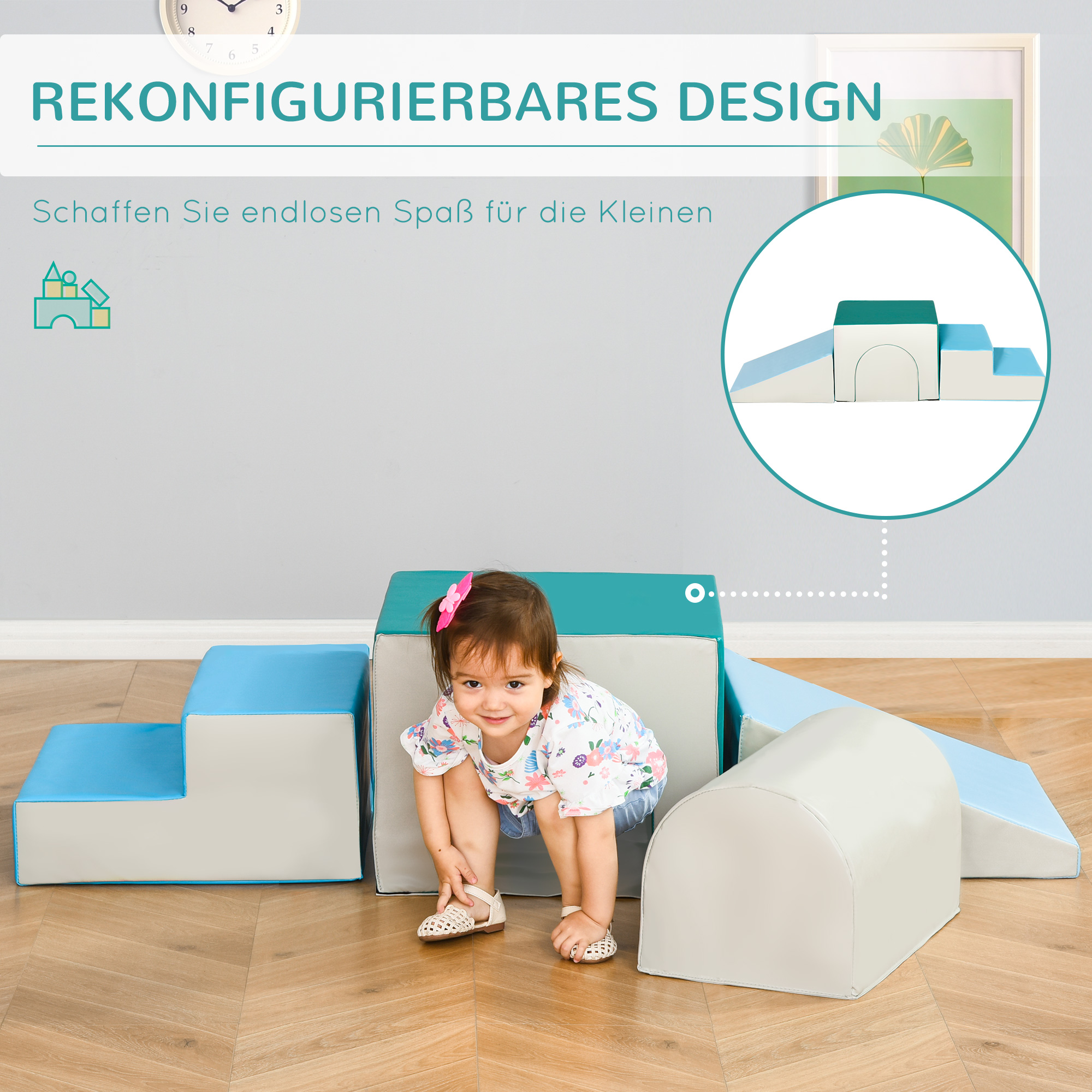 Bausteinset 4er-Set Schaumstoff Bausteine einfache Reinigung weiche Füllung Schaumstoffblöcke für 1-3 Jahre Kinder EPE Hellgrau+Blau+Grün 150 x 50 x 39 cm