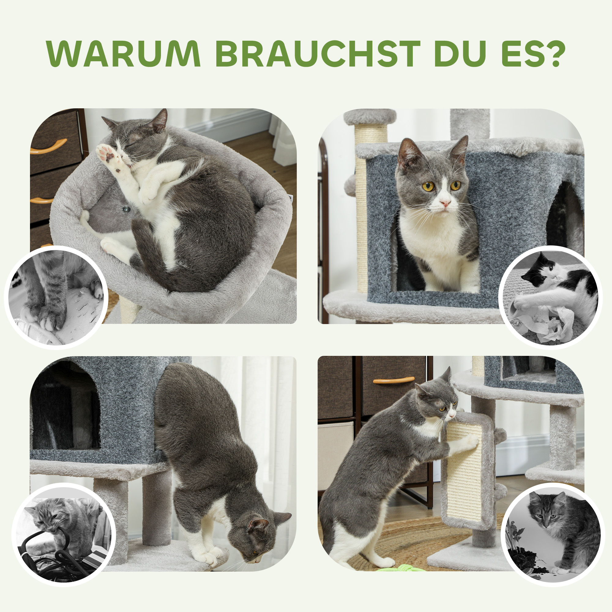 Kratzbaum 104 cm Katzenbaum mit Katzenhöhle Bett Sisal-Kratzsäulen Kratzbrett Plüschbälle für Katzen bis 5 kg Hellgrau