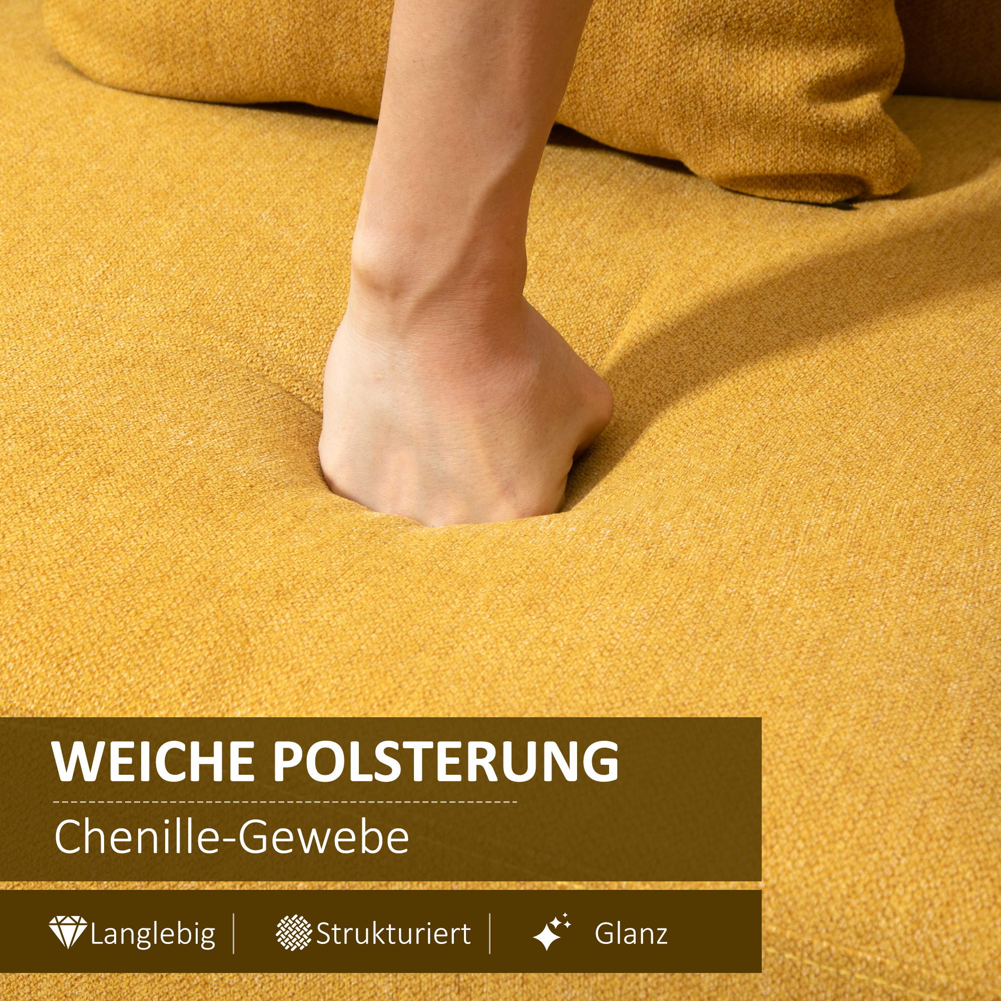 Sofa 2 Sitzer Couch mit 2 Wurfkissen, Kleine Loveseat mit Samtopik Modern Polstersofa für Wohnzimmer, Schlafzimmer, kleinen Raum, Gelb 130 x 70 x 80 cm