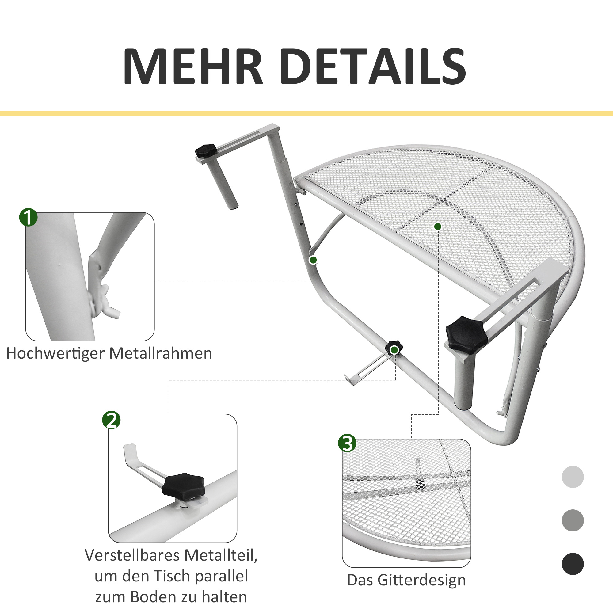 Balkonhängetisch Hängetisch Gartentisch höhenverstellbar halbrund Ø30 cm Terrasse Metall Weiß L60 x B45 x H50 cm