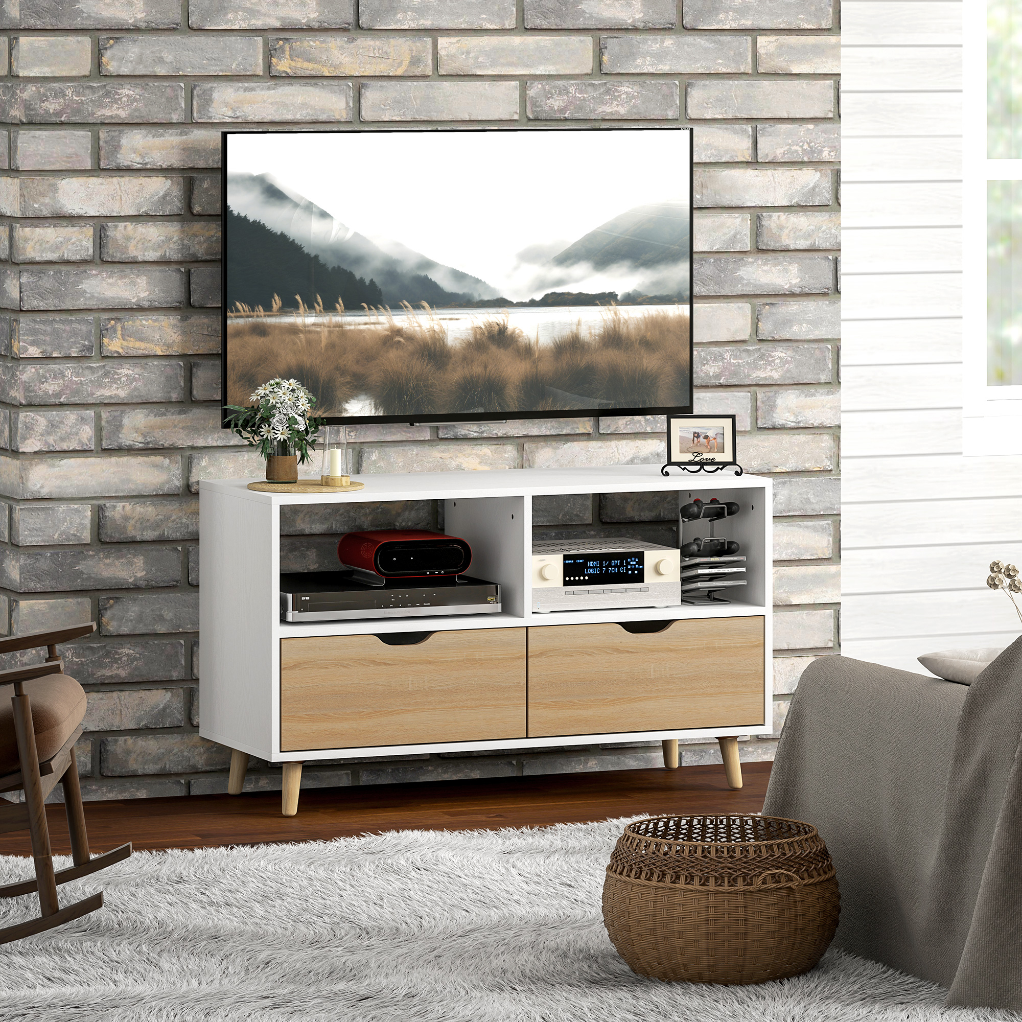 TV-Schrank, TV-Kommode mit Schubladen, Offene Regale, Holz, 99 x 39 x 58 cm, Weiß