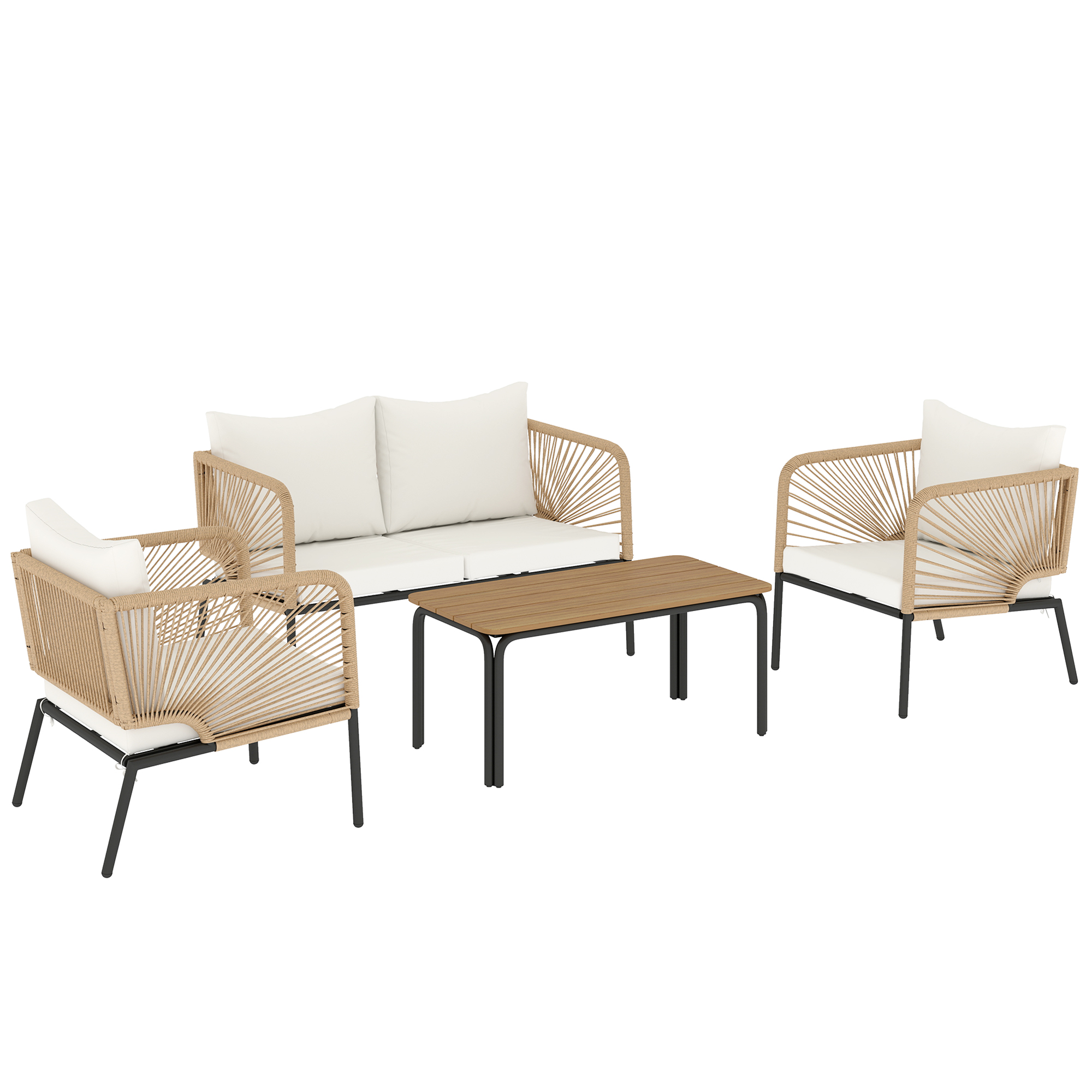 Gartenmöbel Set Sitzgruppe für 4 Personen Gartenlounge mit 2er Sofa 2 Sessel Lamell-Tisch Seilflecht waschbar Sitzkissen