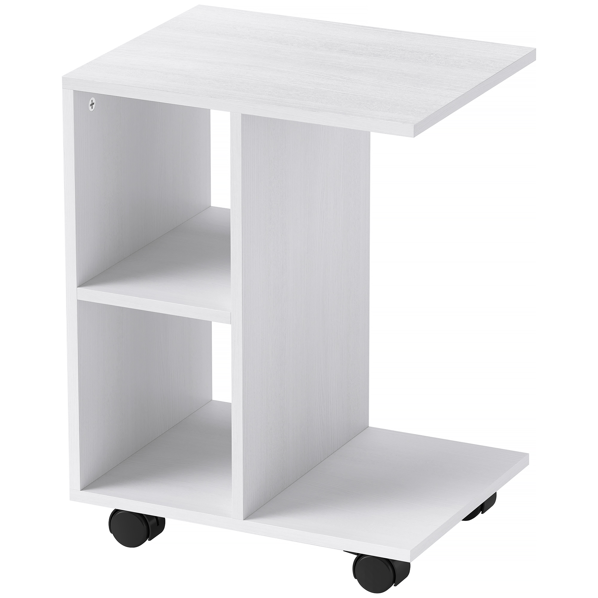 Beistelltisch in C-Form, Kaffeetisch, Couchtisch, Eckschreibtisch, mit Rollen, E1-Spanplatte, 45 x 35 x 58 cm, Weiß Beistelltisch in C-Form, Kaffeetisch, Couchtisch, Eckschreibtisch, mit Rollen, E1-Spanplatte, 45 x 35 x 58 cm, Weiß