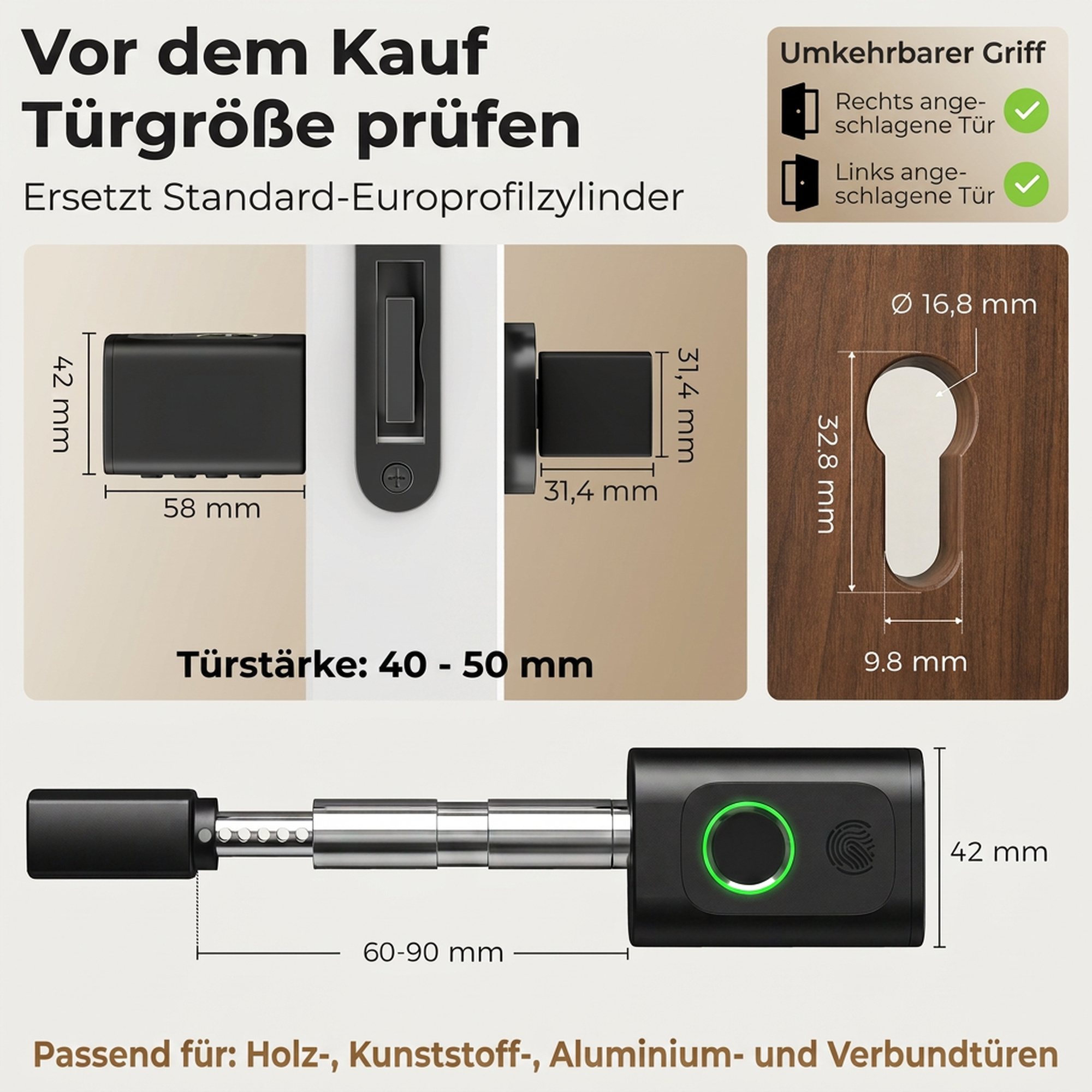 Türzylinder, 5-in-1 mit Fingerabdruck, Code, App, NFC-Karte & Schlüssel, gemeinsamer Zugriff, Bluetooth-Zylinder