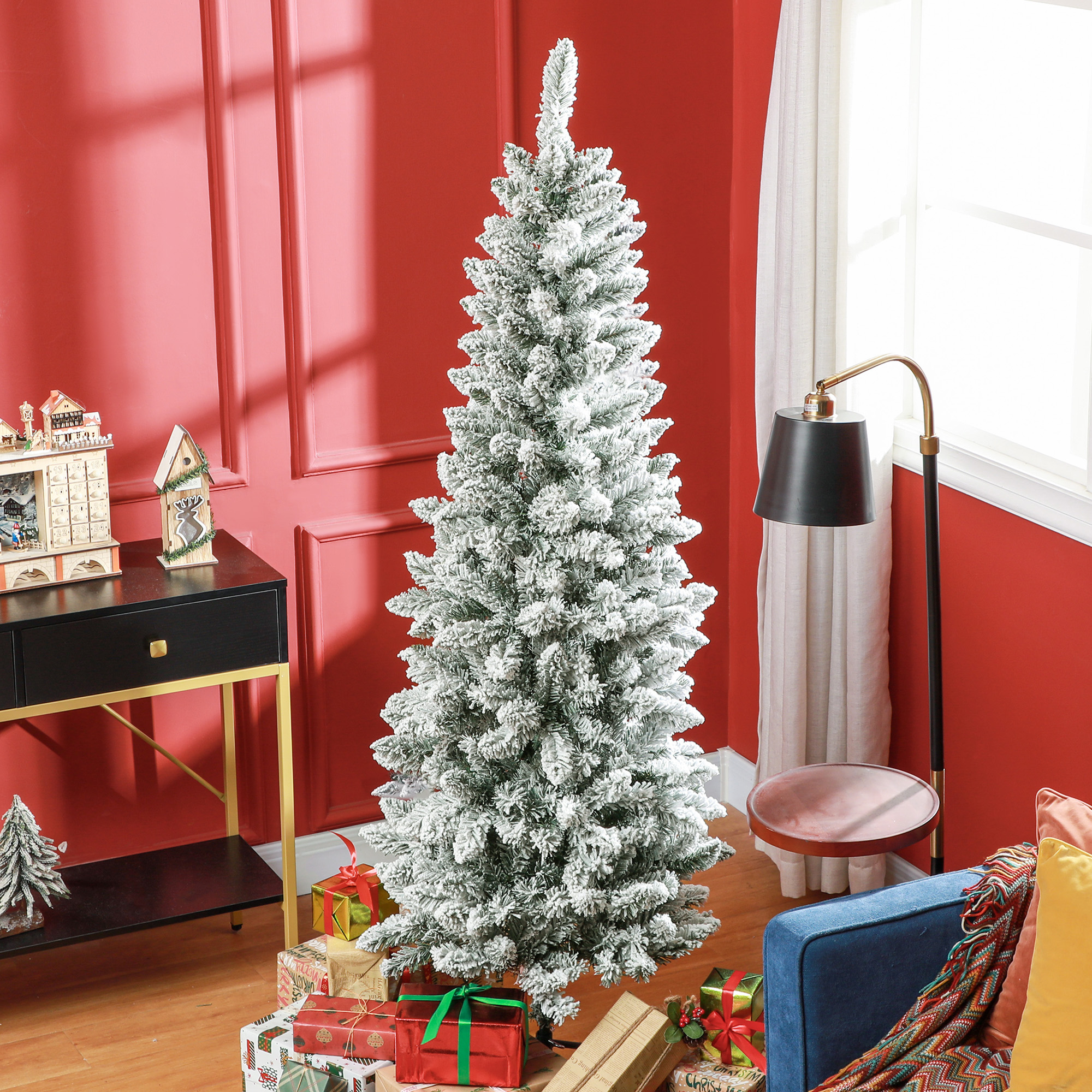 Künstlicher Weihnachtsbaum, schlanke Form, Kunstschnee, dreiteilig, flammhemmend, Metallfuß, 180 cm, Grün