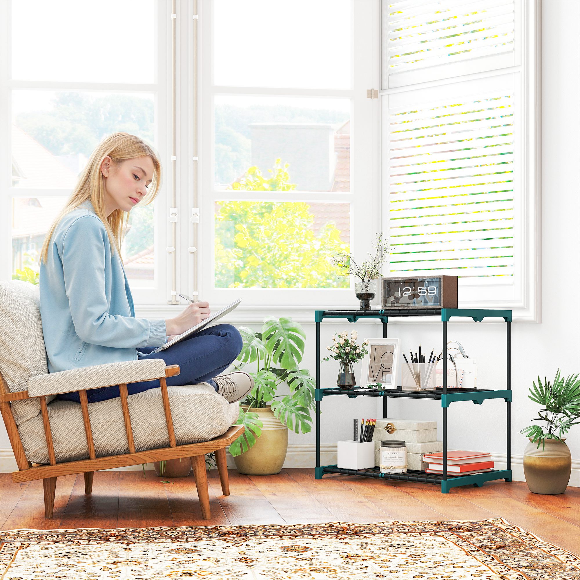 3-Etagen Pflanzenständer, 72 cm hoch Blumenständer für Innen Außen, Pflanzenregal aus Stahl Dunkelgrün