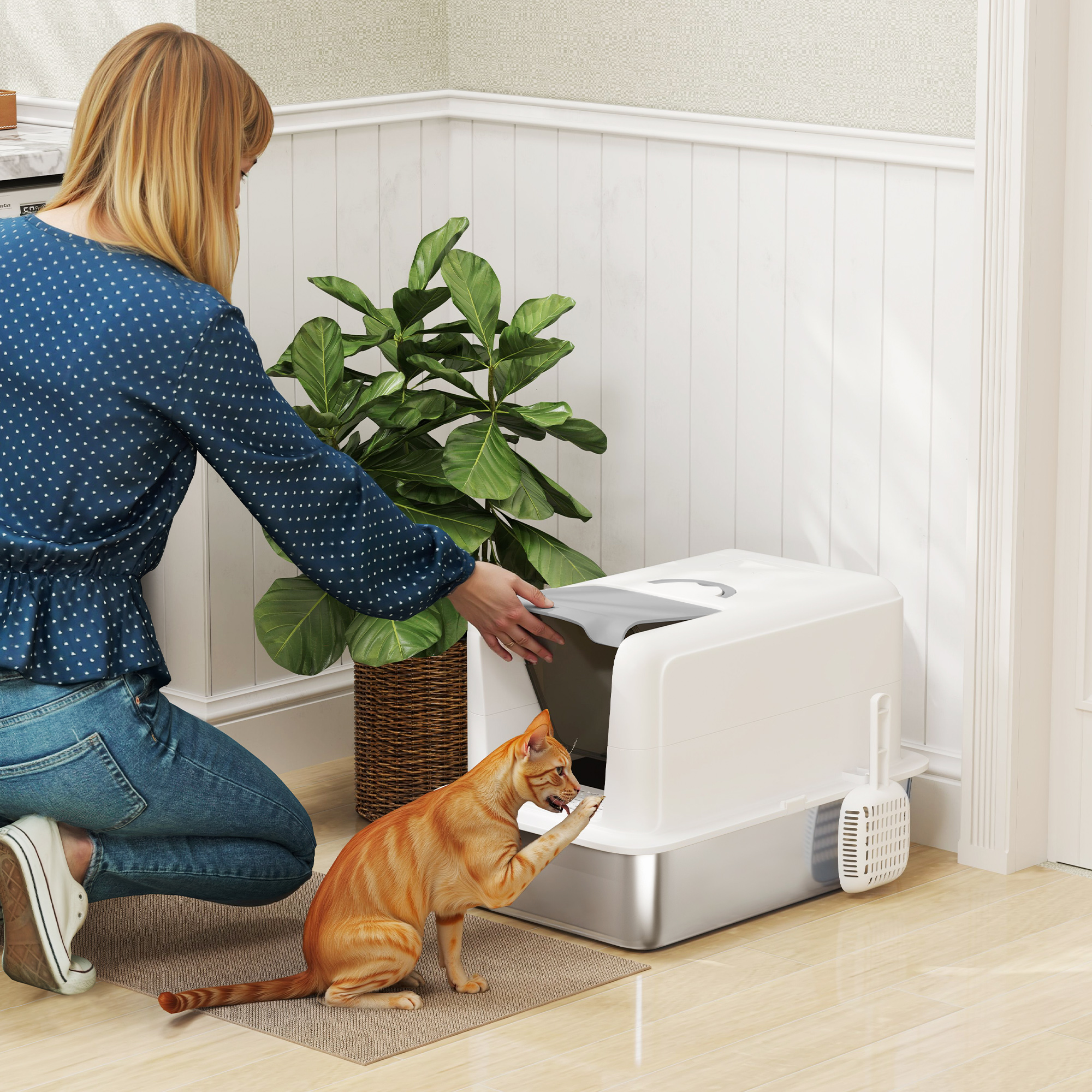 Katzentoilette, Wanne aus Edelstahl, Filter, Schaufel, für Katzen bis 6 kg, 40,5 x 60,5 x 41,5 cm, Weiß/Silber