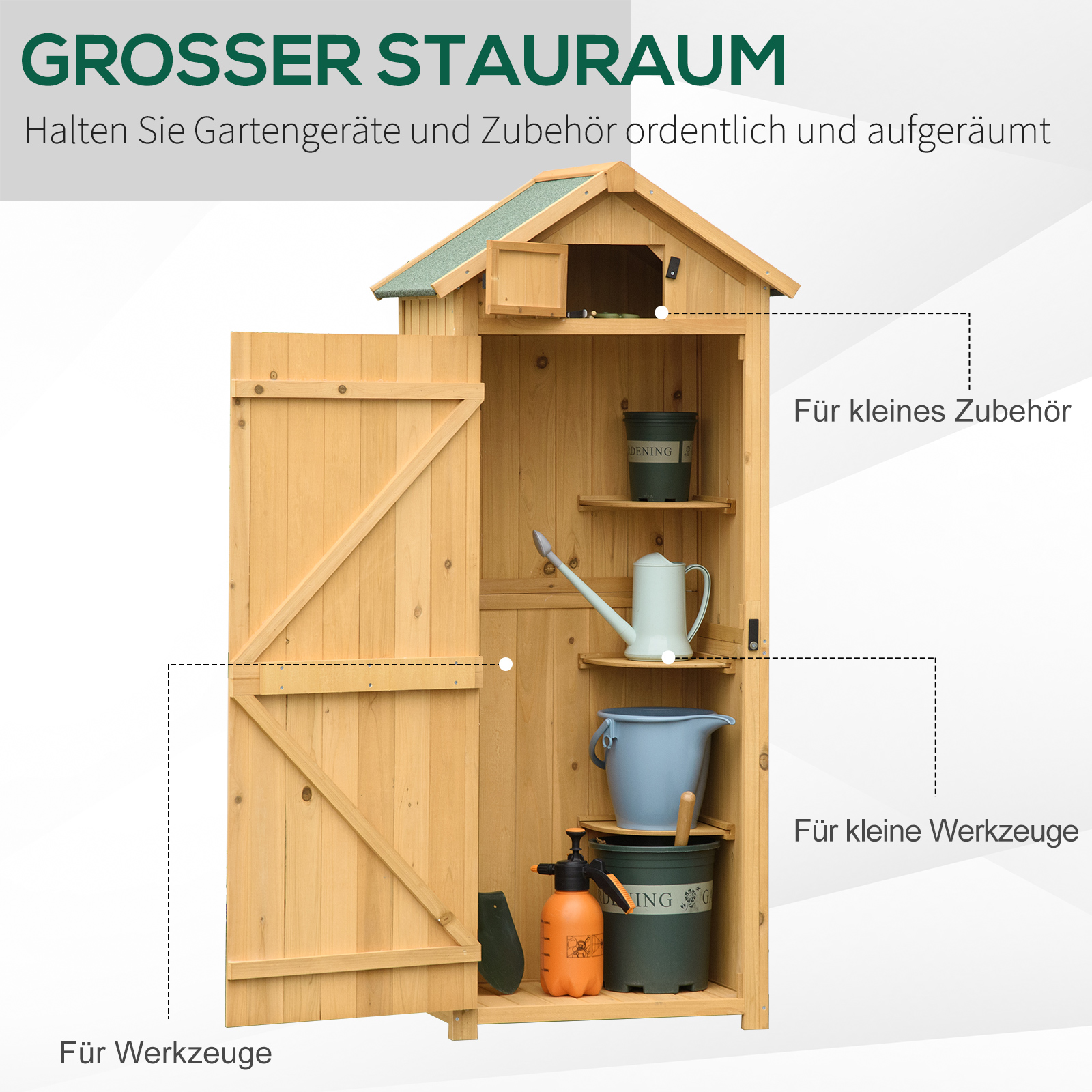 Gartenschrank Gartenhaus Gerätehaus Geräteschuppen mit Fachböden Asphaltdach Fenster Holz Gelb+Grün 77 x 54,2 x 179 cm