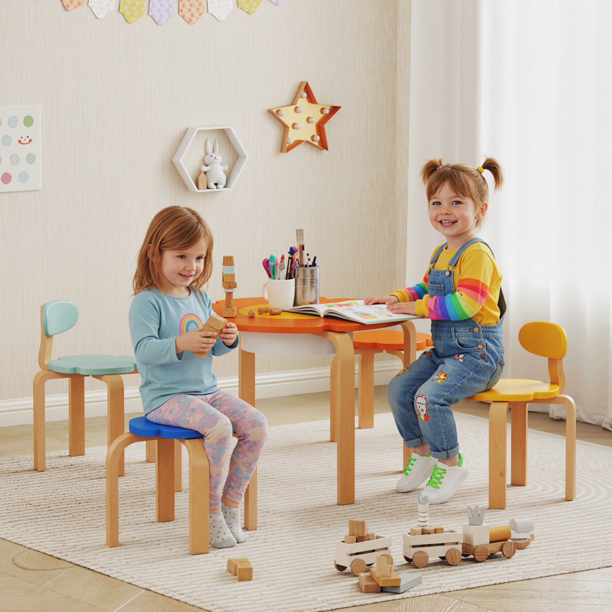5-teiliges Kindertisch- und Stuhl-Set, mit Aufbewahrungstasche, Blumenform, für Spielzimmer, Kinderzimmer, Holz, Bunt