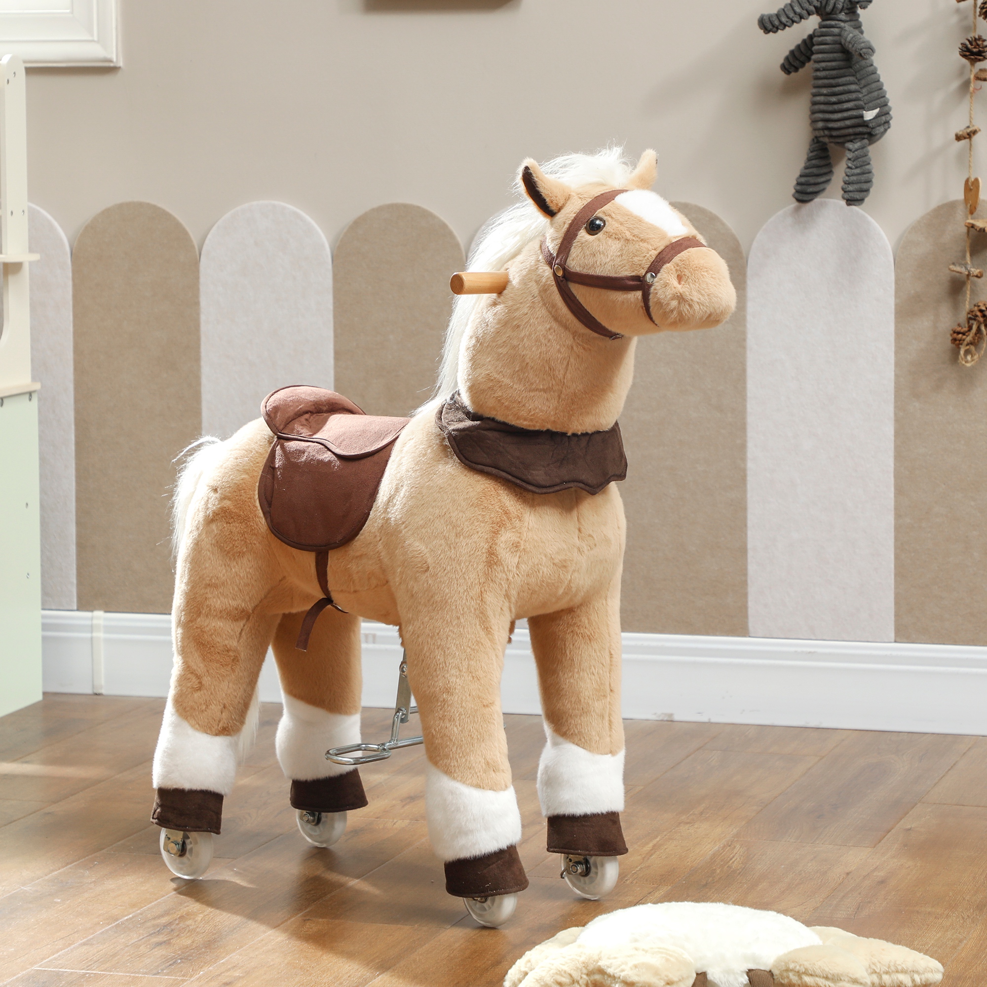 Reitpferd für Kinder, Stoffbezug, stabiler Rahmen, sanfte Räder, Schaukelpferd, 3-5 Jahre, Braun
