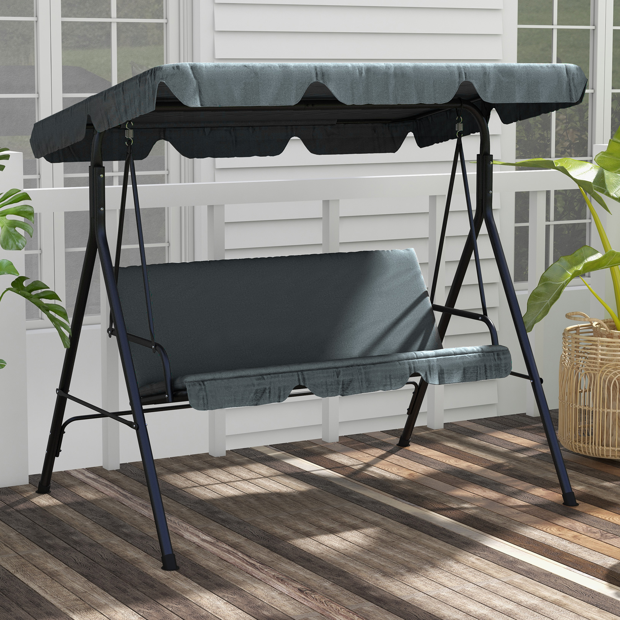 Hollywoodschaukel, Gartenschaukel, 3-Sitzer Schaukelbank mit Dach, Stahl, 172 x 110 x 153 cm, Grau