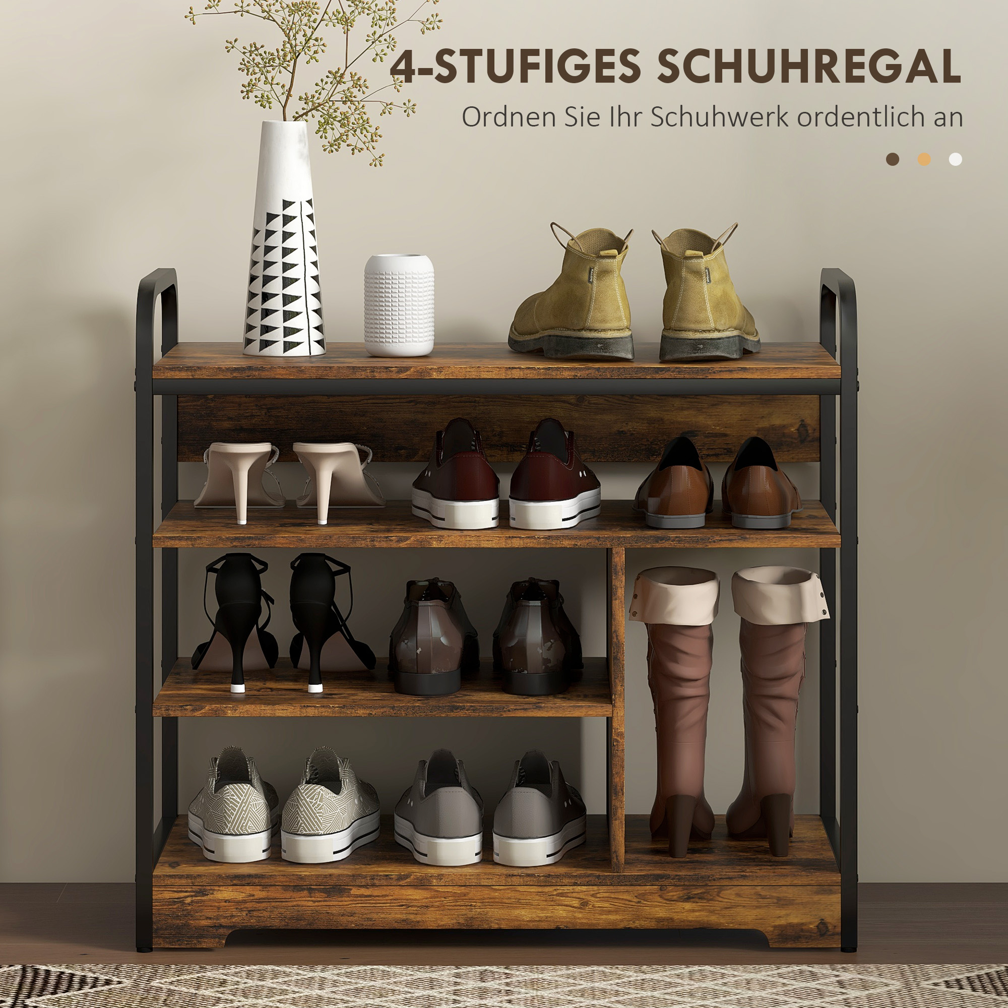 Schuhregal 4-stufig, offenes Design, Metallrahmen, verstellbare Füße, 70x30x65 cm, Braun/Schwarz