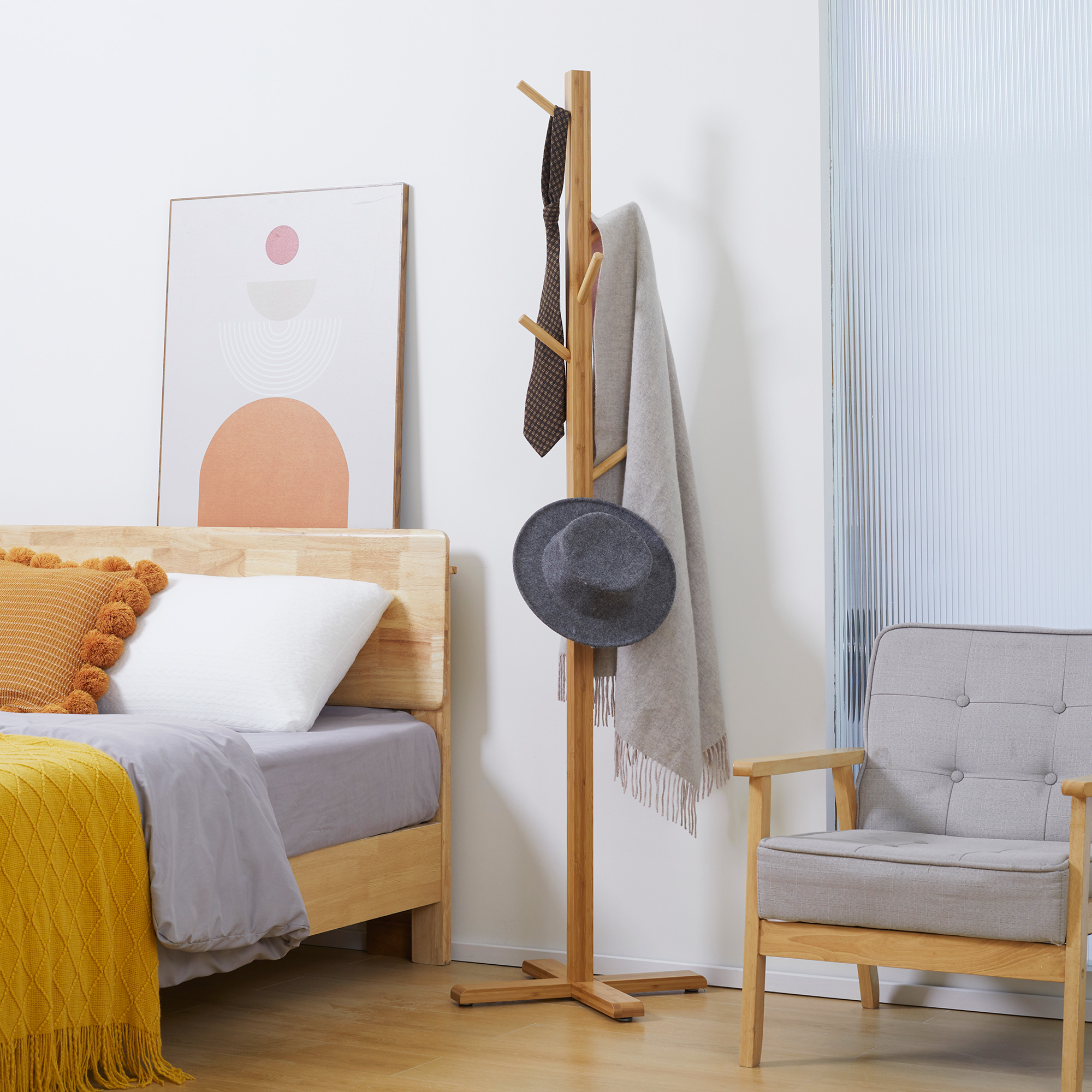 Garderobe Kleiderständer Hutständer, 8 Haken, 49,5 cm x 49,5 cm x 178 cm, Natur