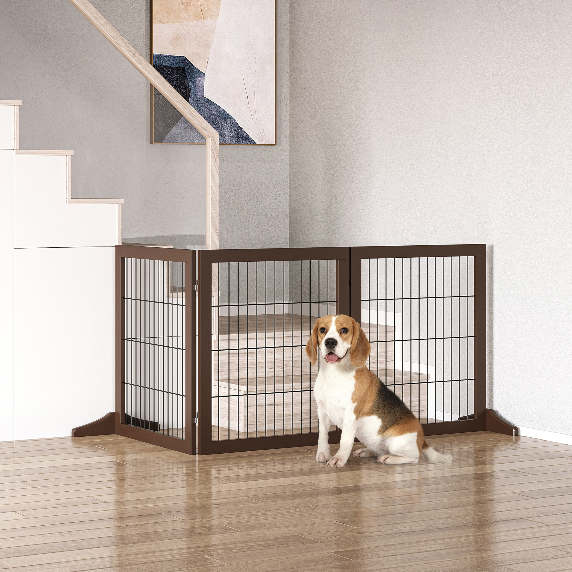 Absperrgitter Hund Freistehendes Schutzgitter mit Füßen 185 x 71 cm Holz Hundegitter Treppenschutzgitter Treppengitter Hundeabsperrgitter für Treppen, Türen, Küche, Flur, 3 Paneelen, Braun