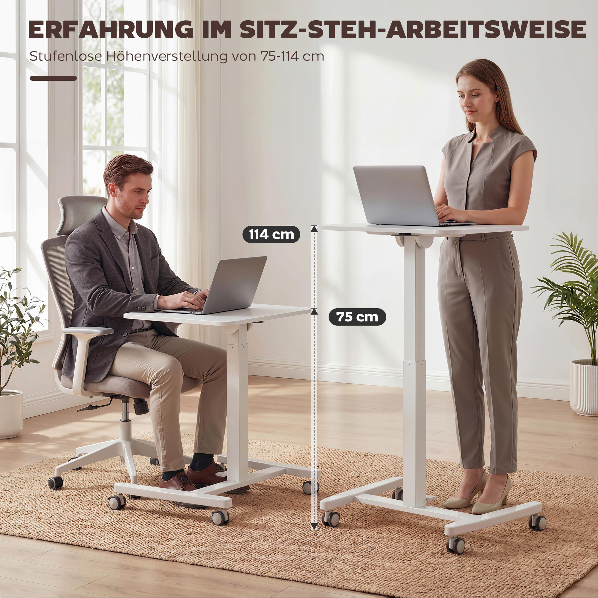 Höhenverstellbarer Stehschreibtisch, Rollbarer Schreibtisch mit neigbarer Tischplatte, Sicherheitsstopper, Rollen, Weiß