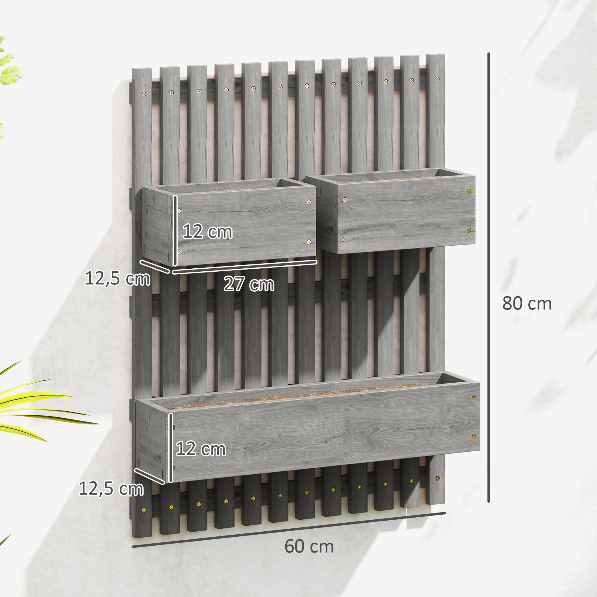 Blumenkasten-Set, Wandmontage, frei versetzbar, Massivholz, 60 x 16 x 80 cm