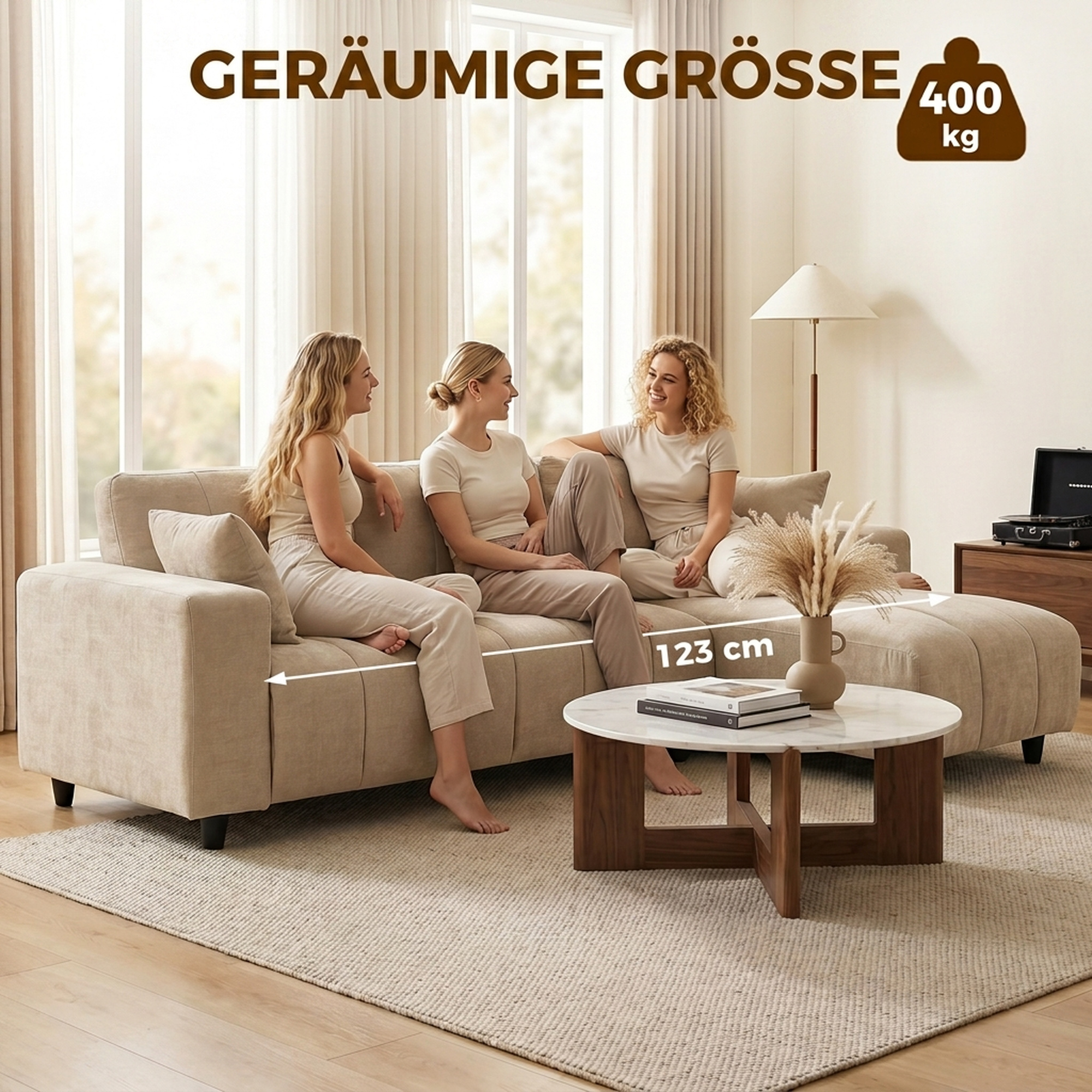 L-förmiges Ecksofa mit flexibler Chaiselongue, 3-Sitzer-Couch mit 2 Kissen, Metallrahmen, für Wohnzimmer, Beige