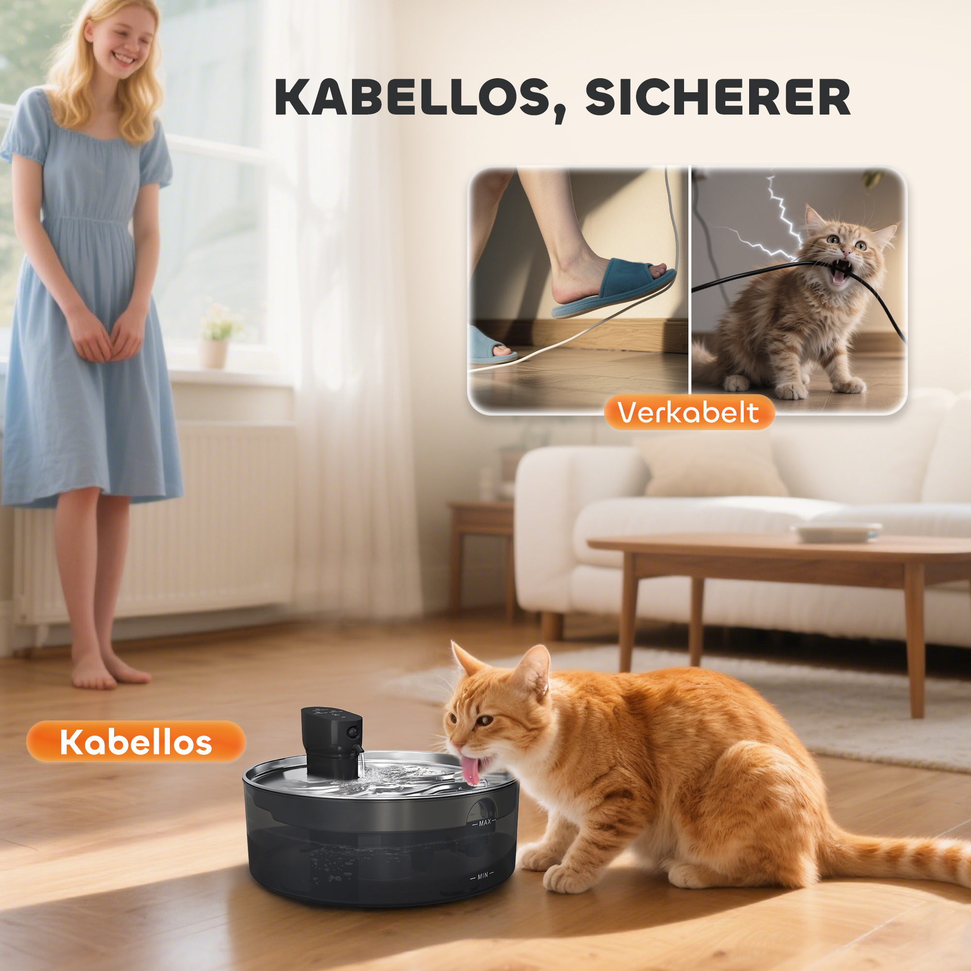 Katzenbrunnen 7L Trinkbrunnen für Katzen mit leiser Pumpe LED Aktivkohlefilter Edelstahl 30,6 x 30,6 x 17,2 cm