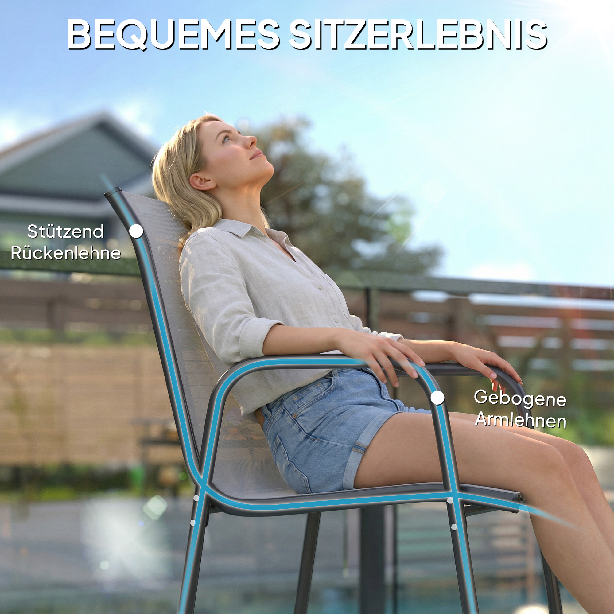 Gartenstühle 4er Set Stapelbare Terrassenstühle mit Atmungsaktive Rücken, Armlehnen 120 kg Belast