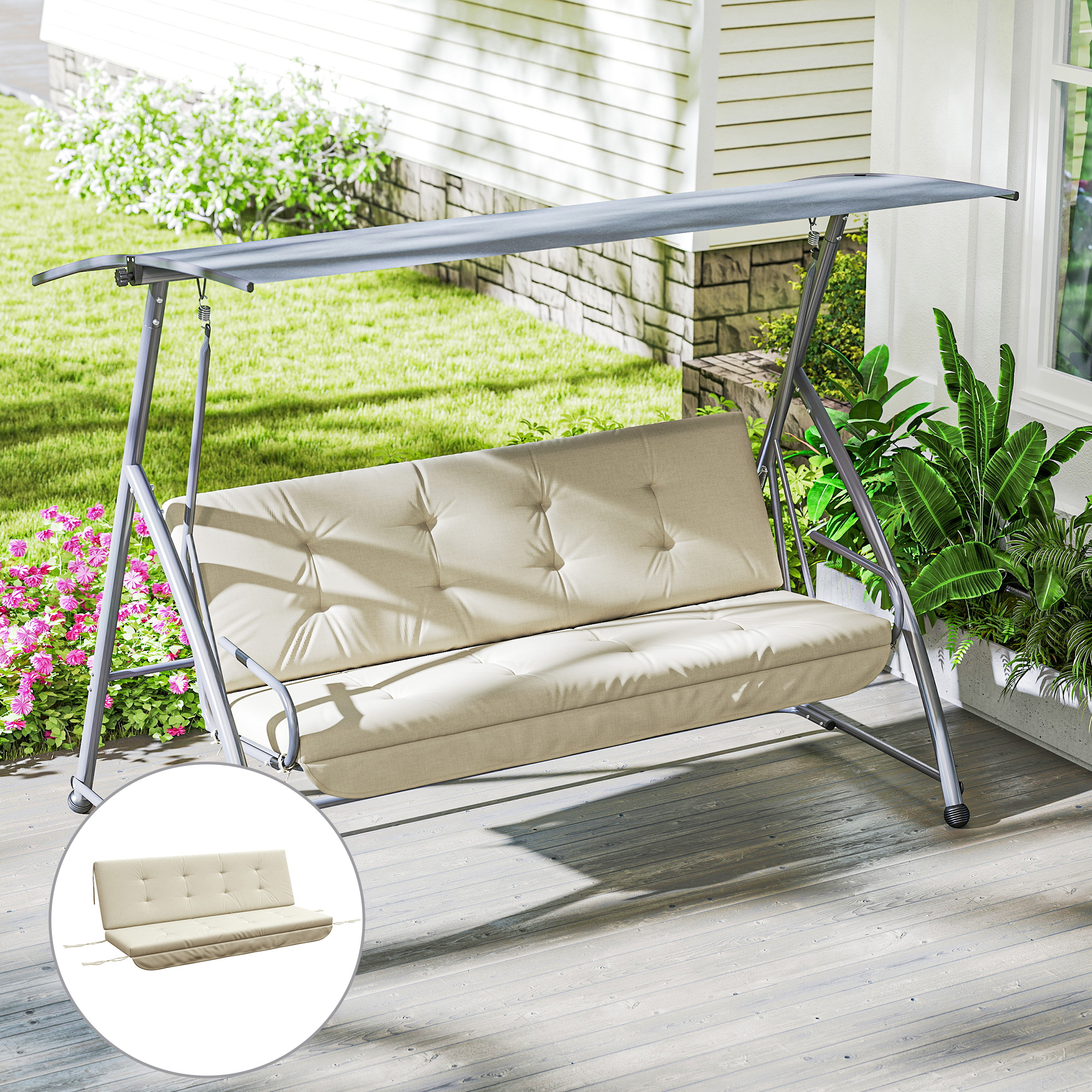 Auflagen-Set für Hollywoodschaukel 170 cm Stuhlkissen Schaukelauflage Sitzkissen Gartenschaukel Gartenpolster Rückenkissen Seitenkissen Beige