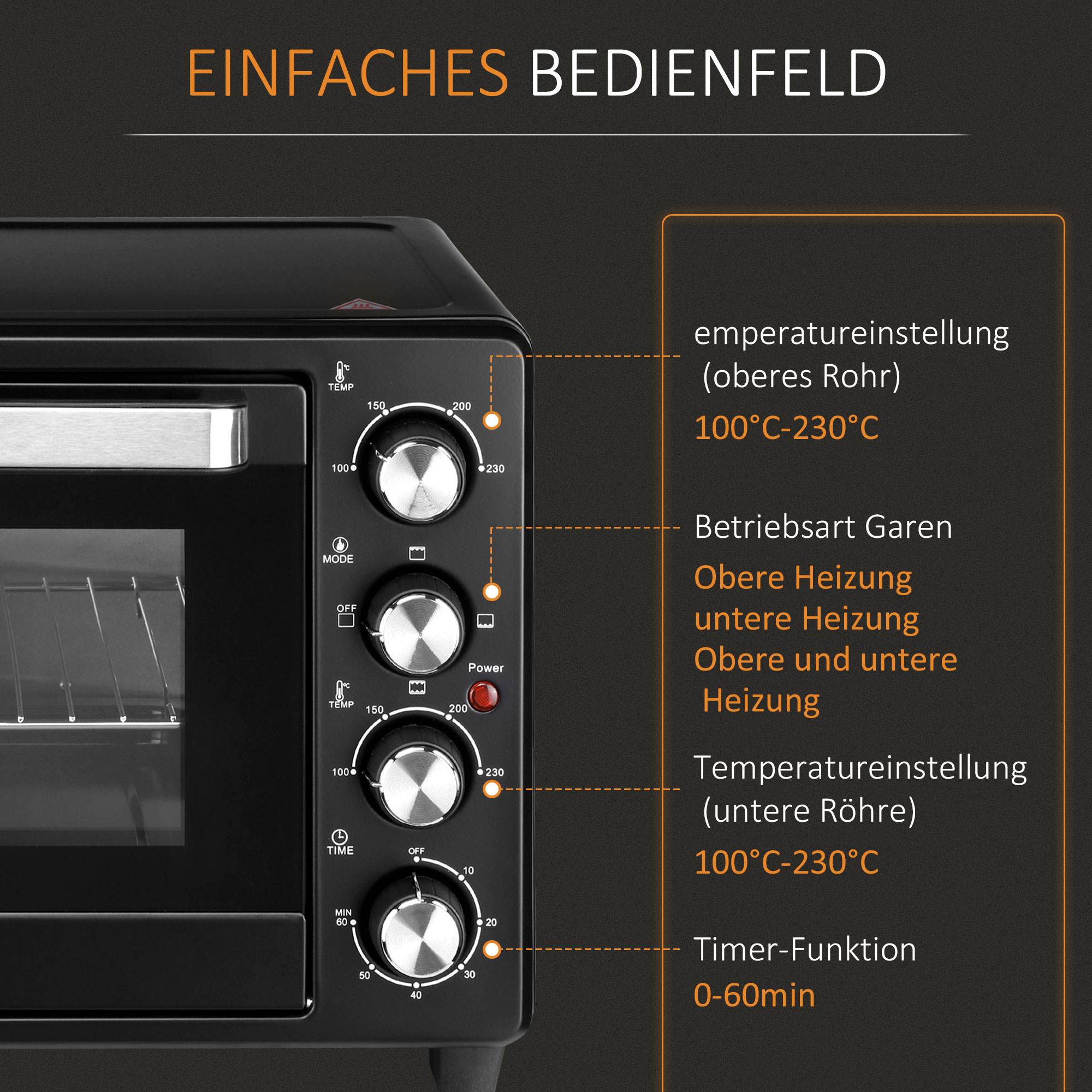 Mini-Ofen Toasterofen, 1 Backblech, 1 Grilrost, Timer-Funktion, Schwarz