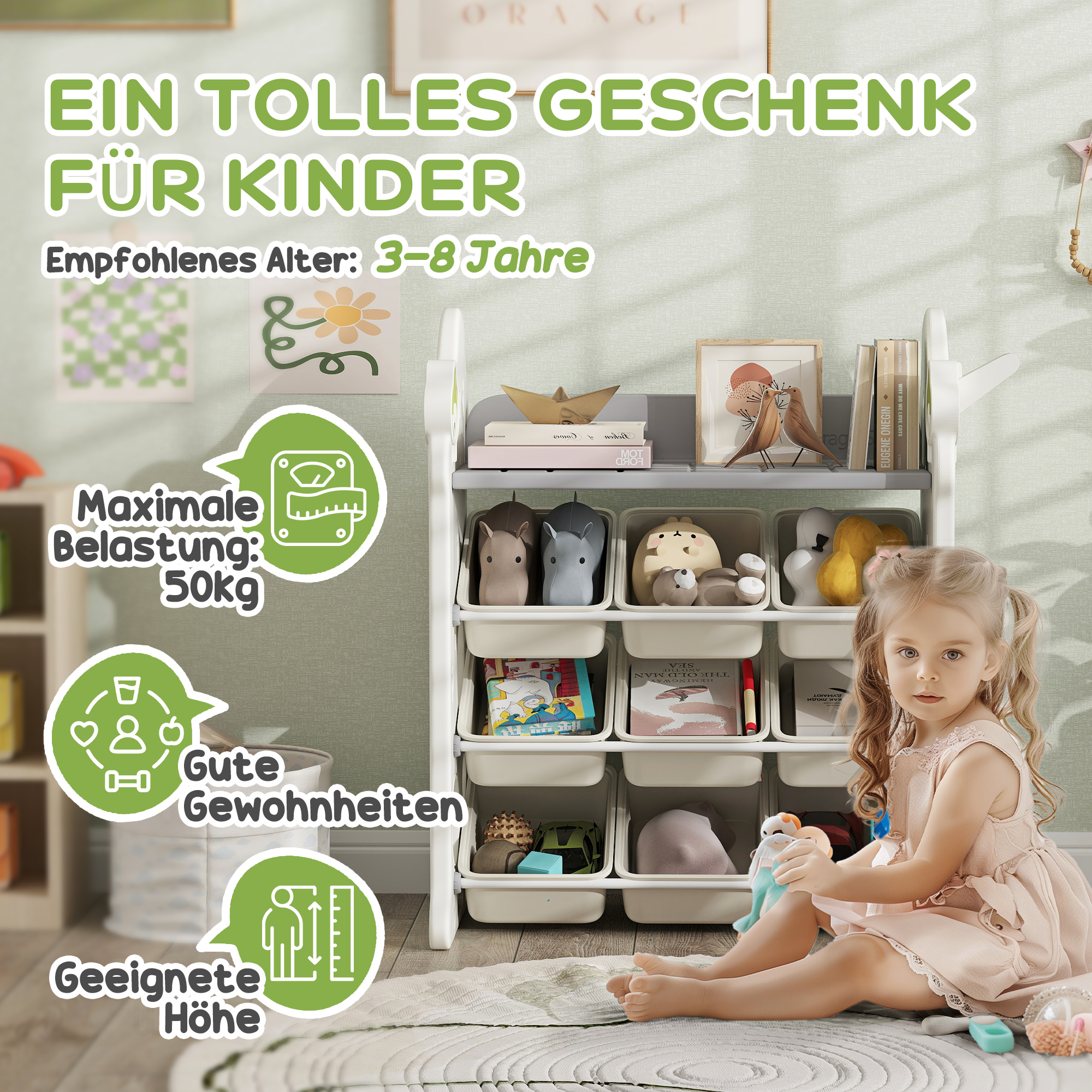 Kinder-Aufbewahrungsregal mit 9 Behältern, für Spielzeug und Bücher, Kinderzimmer, Kindergarten, Kunststoff, Cremeweiß