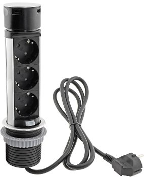Schreibtisch-Einbausteckdose, rund Mini / versenkbar, Edelstahl, 3x Steckd,USB A+C