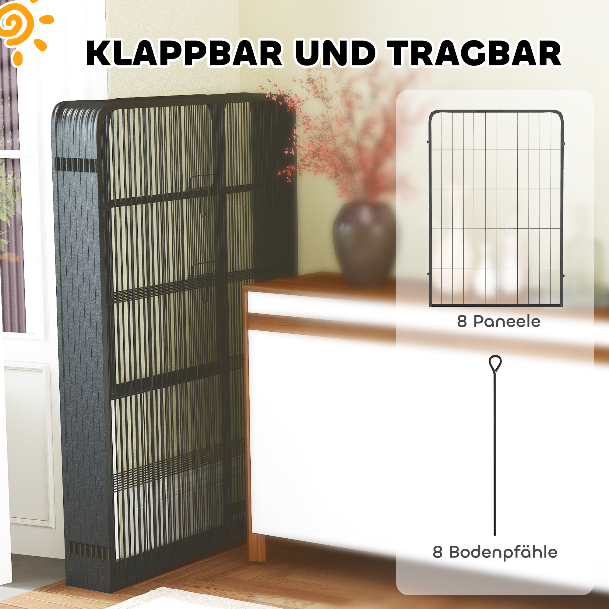 Welpenlaufstall 8-eckig Welpenauslauf mit 8 Gitterplatten Tür Erdspießen flexibel faltbar 100cm hoch