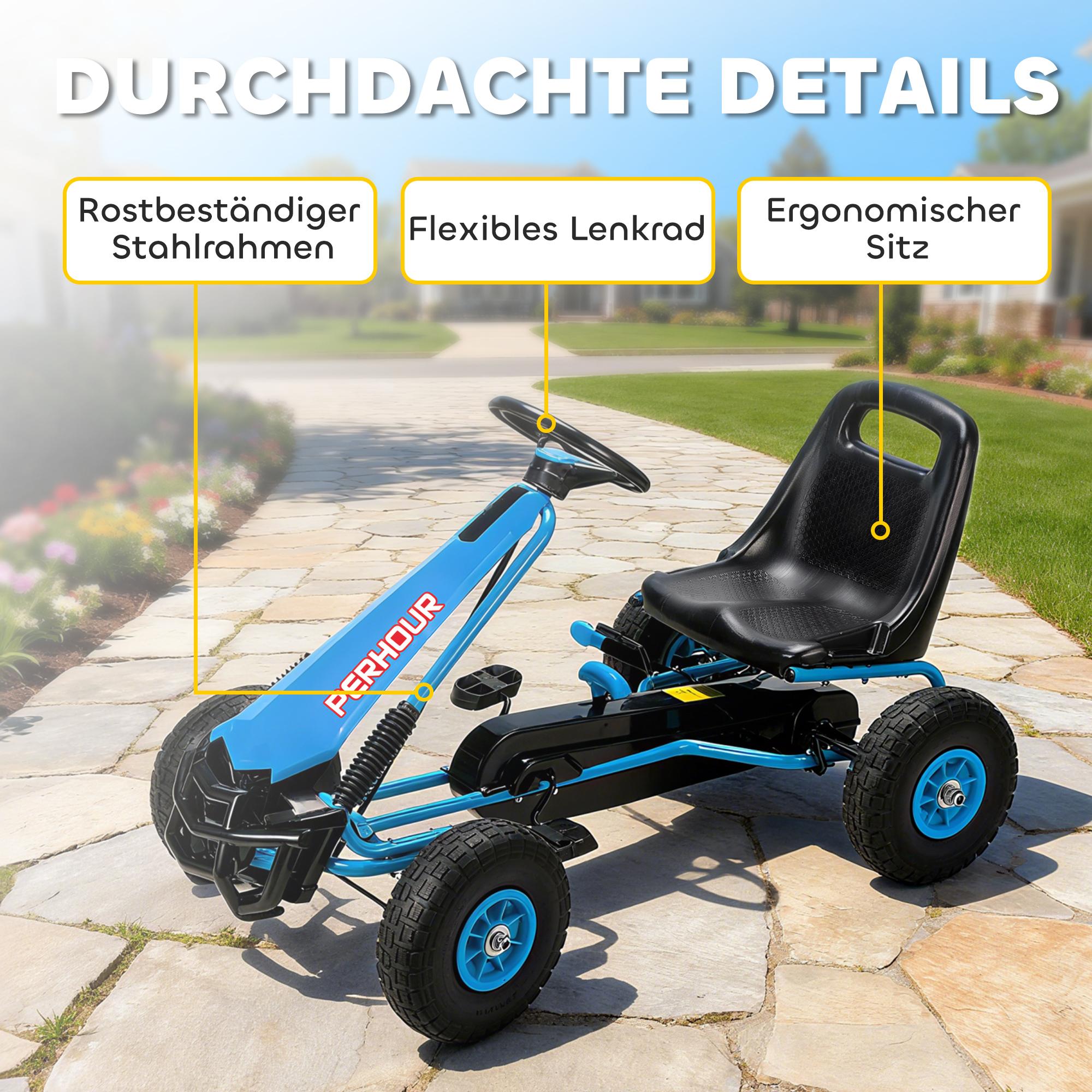Pedal-Gokart für Kinder, höhenverstellbarer Sitz, EVA-Räder, Bremse, Kupplung, 3-8 Jahre, Blau
