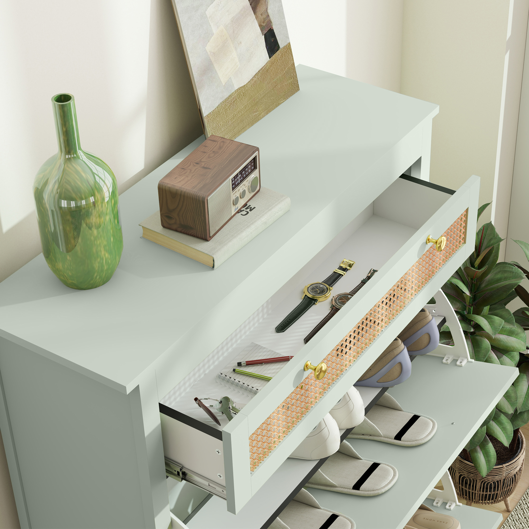 Schuhschrank für 12 Paar Schuhe, mit 1 ausziehbaren Schublade, 2 Flip-Schubladen, Schuhkommode, 88 x 30 x 120 cm, Grün