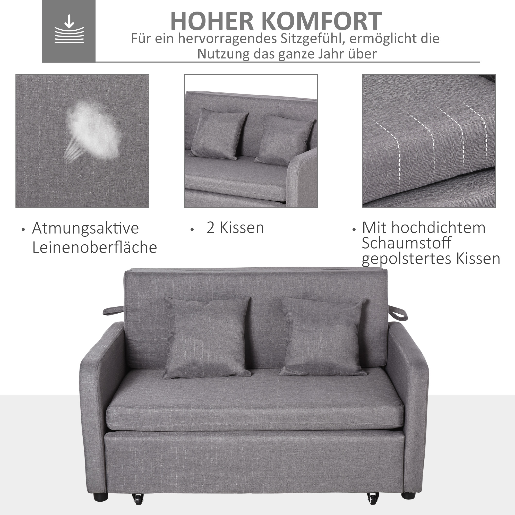 Schlafsofa für 2 Personen, mit Stauraum, leichter Umbau, flexibles Design, Grau